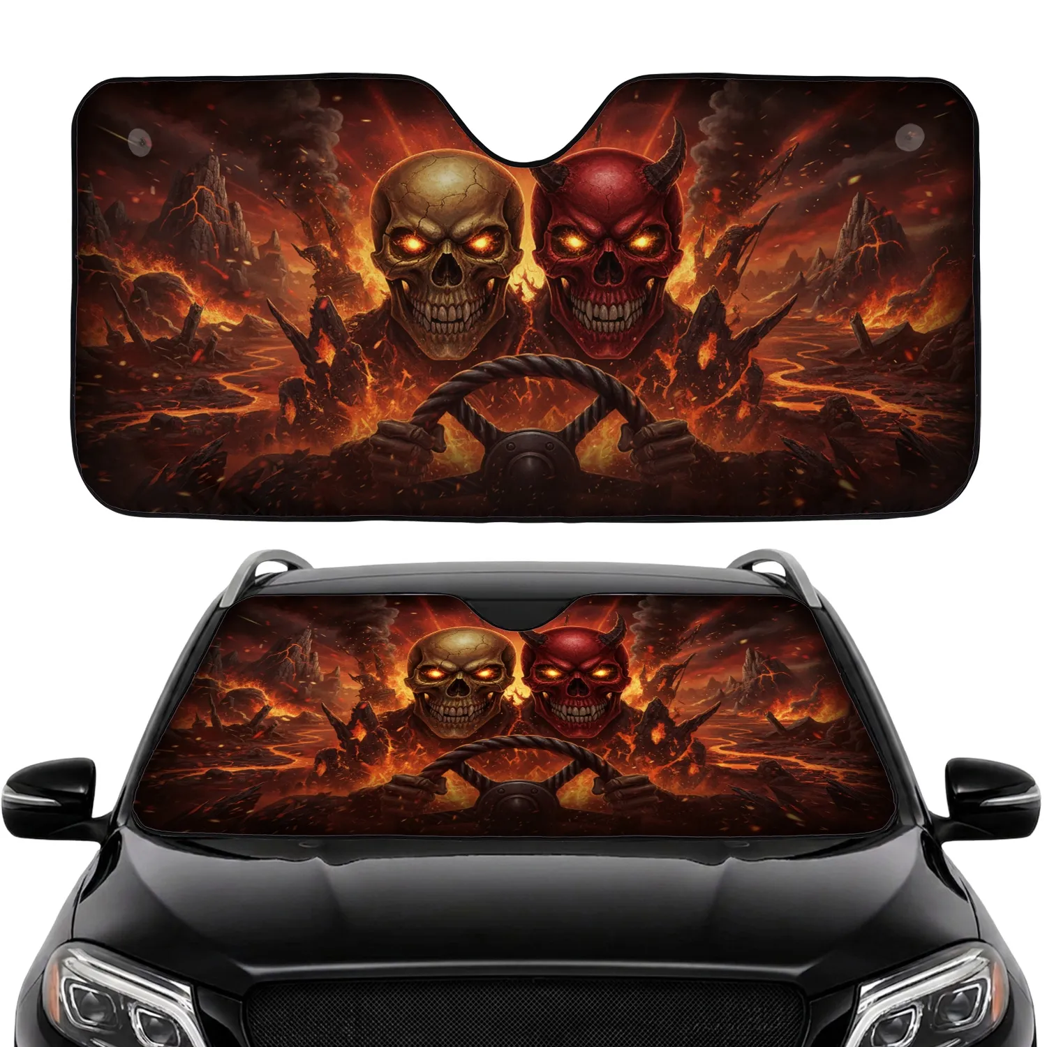 Grinning Bone Skulls Fiery Hellscape - Gothic Macabre Gift for Car Driver Car Sunshade - 1