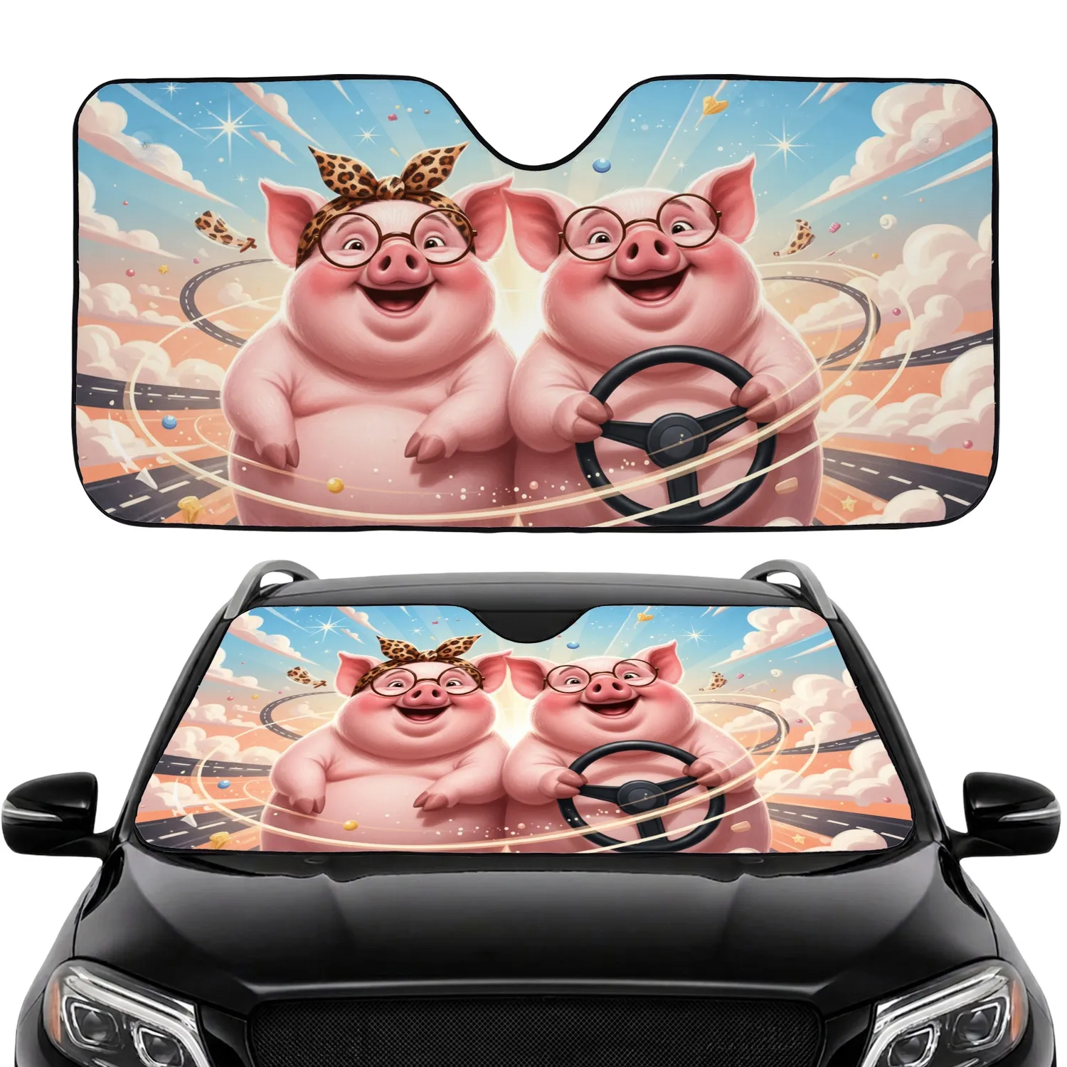 Plump Pigs Steering Wheel Road Trip - Travel Essentials Gift for Pig Lovers Car Sunshade - 1
