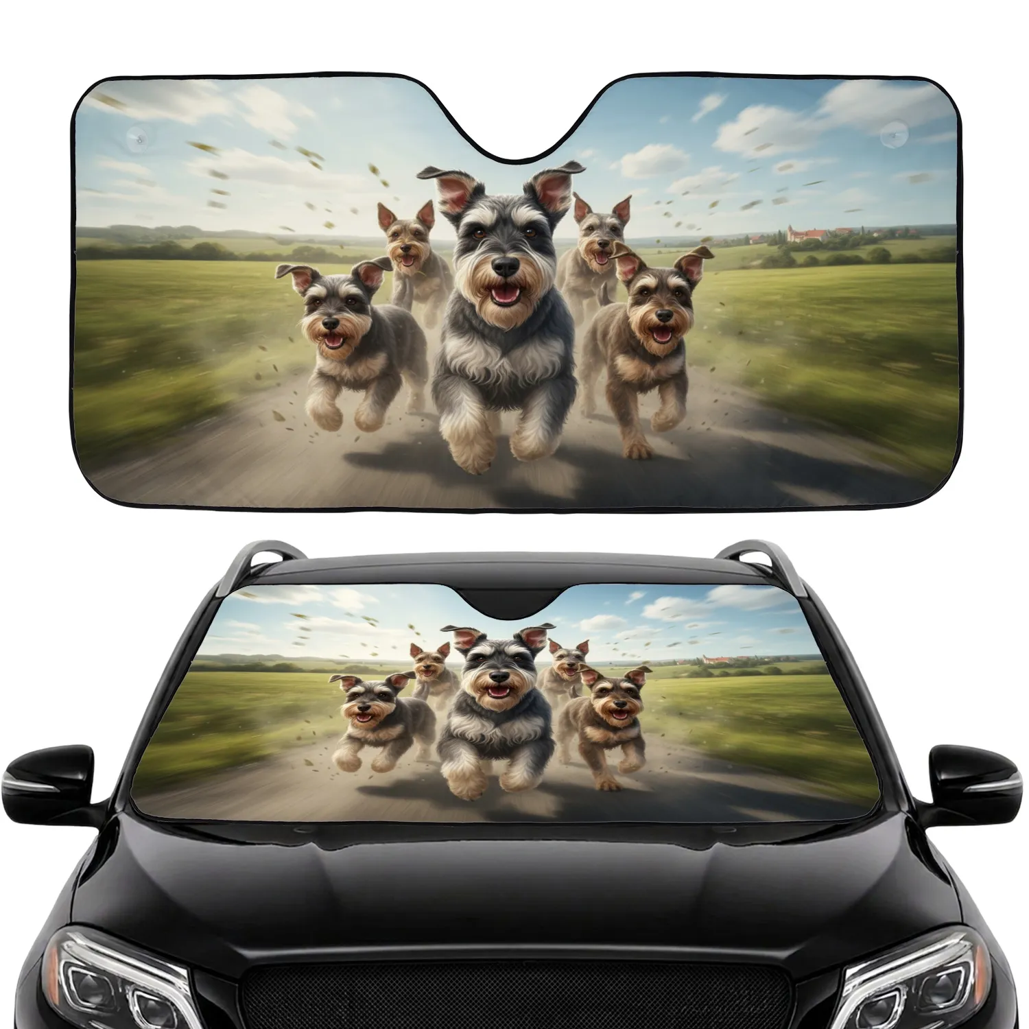 Five Energetic Schnauzer Dogs Open Road Countryside Journey - Adventure Gift for Pet Owners Car Sunshade - 1