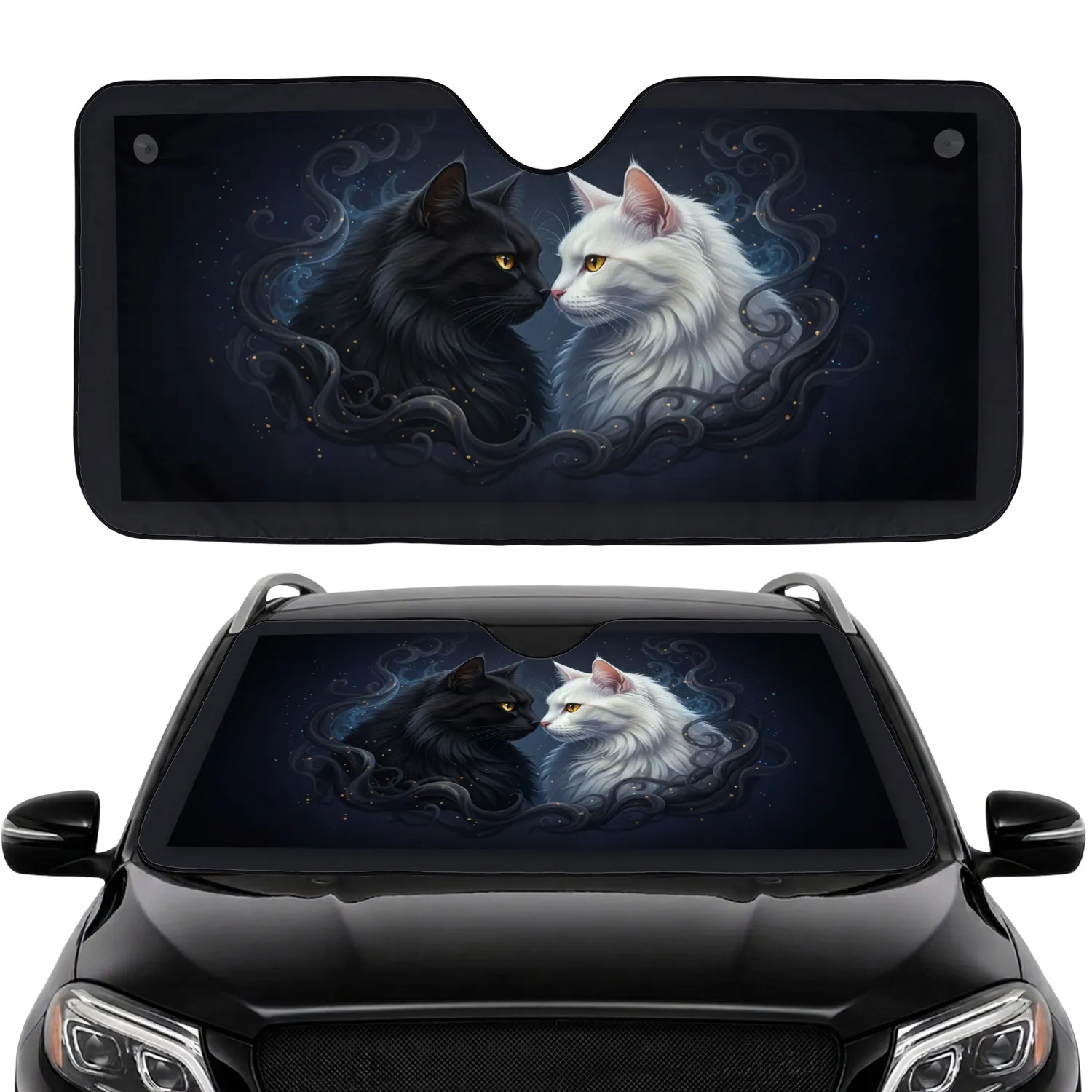 Black White Long-Haired Cats Golden Eyes Noses Touching - Feline Lover Auto Accessory Car Sunshade - 1