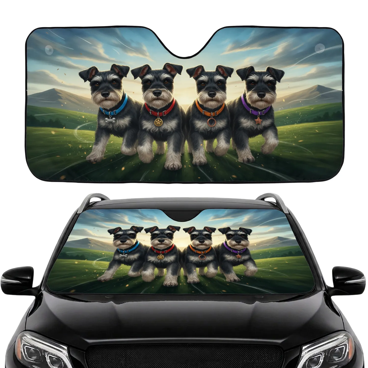 Four Schnauzer Dogs Rolling Hills Sky - Pet Owner Adventure Gift Car Sunshade - 1