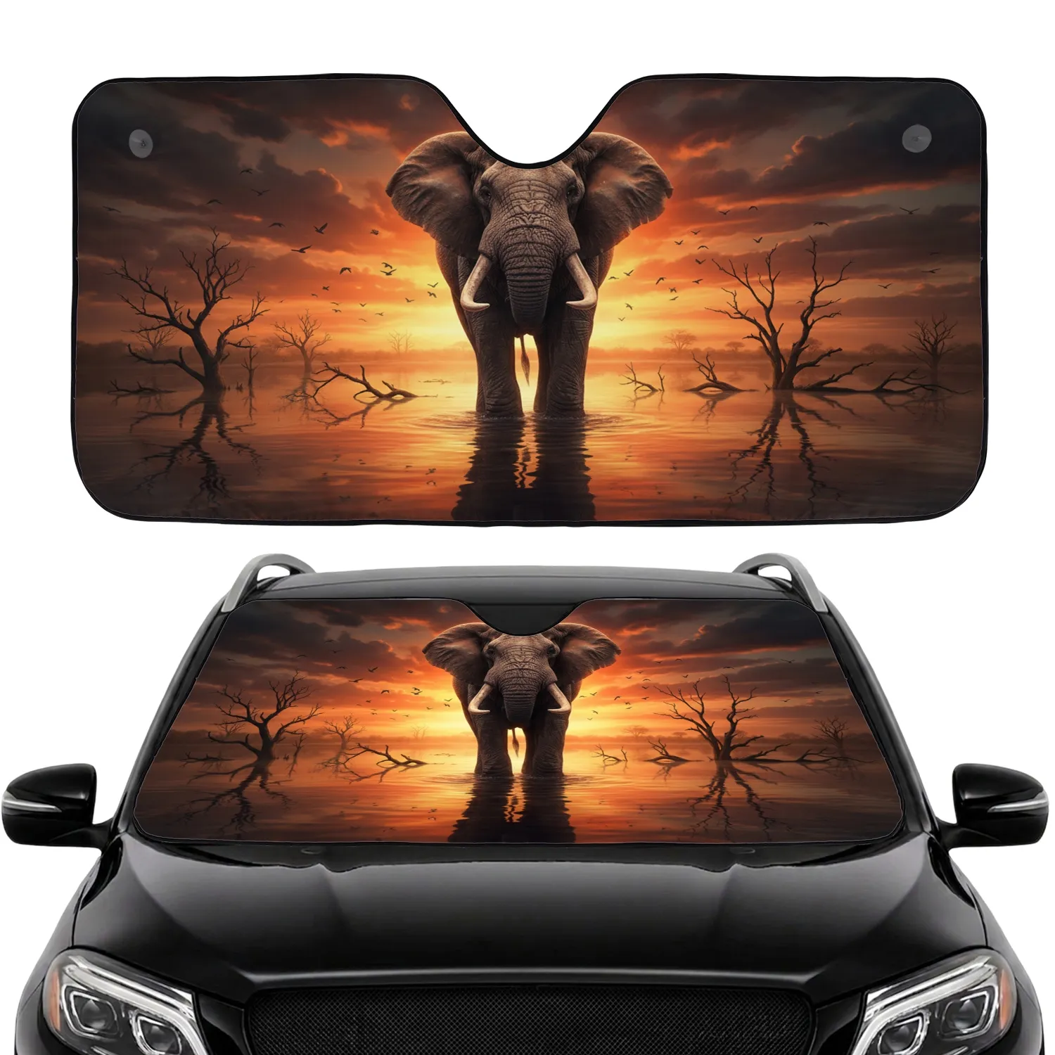Magnificent African Elephant Still Water Sunset - Safari Wildlife Lover Gift Car Sunshade - 1