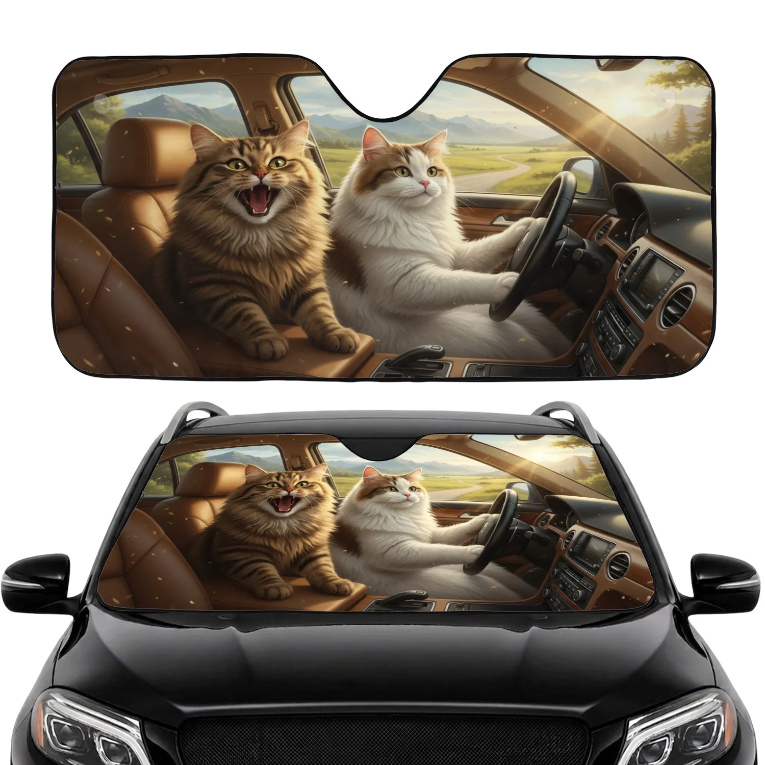 Brown Tabby White Cat Driving Luxury Car - Cat Lover Adventure Gift Car Sunshade - 1