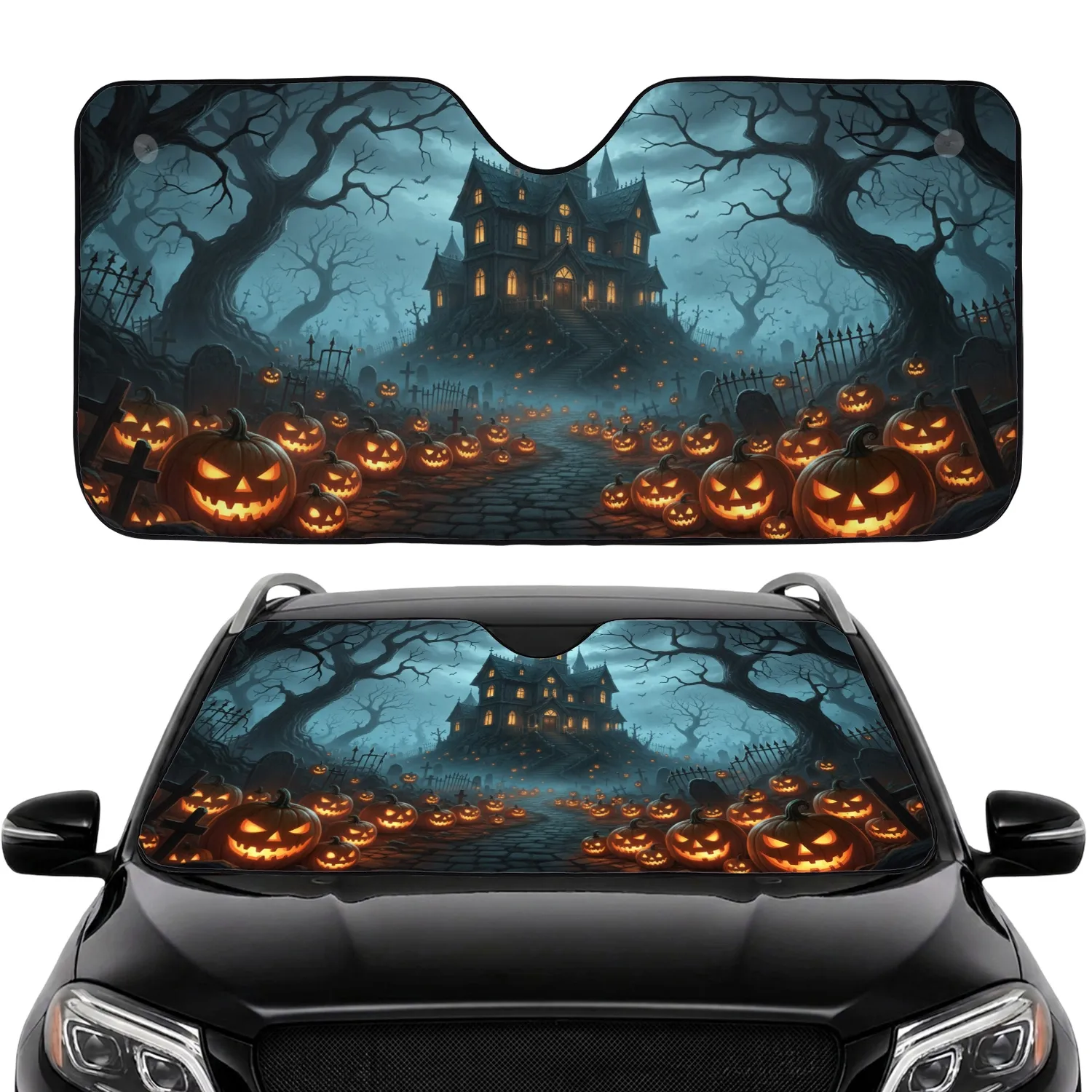 Gothic Haunted Mansion Jack-O-Lanterns - Halloween Decor Horror Fan Gift Car Sunshade - 1