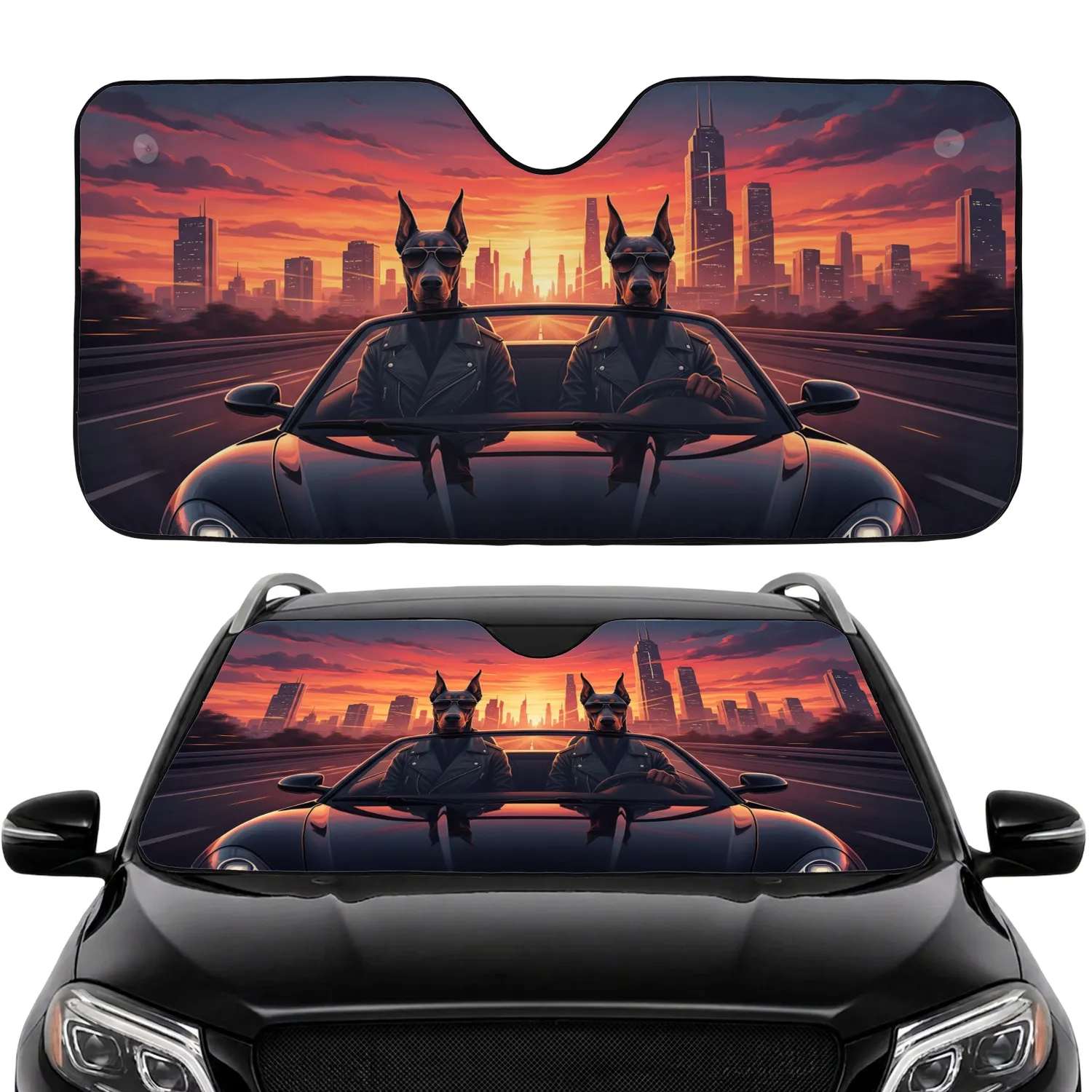 Doberman Dogs Sports Car Futuristic City Sunset - Car Lover Gift Car Sunshade - 1