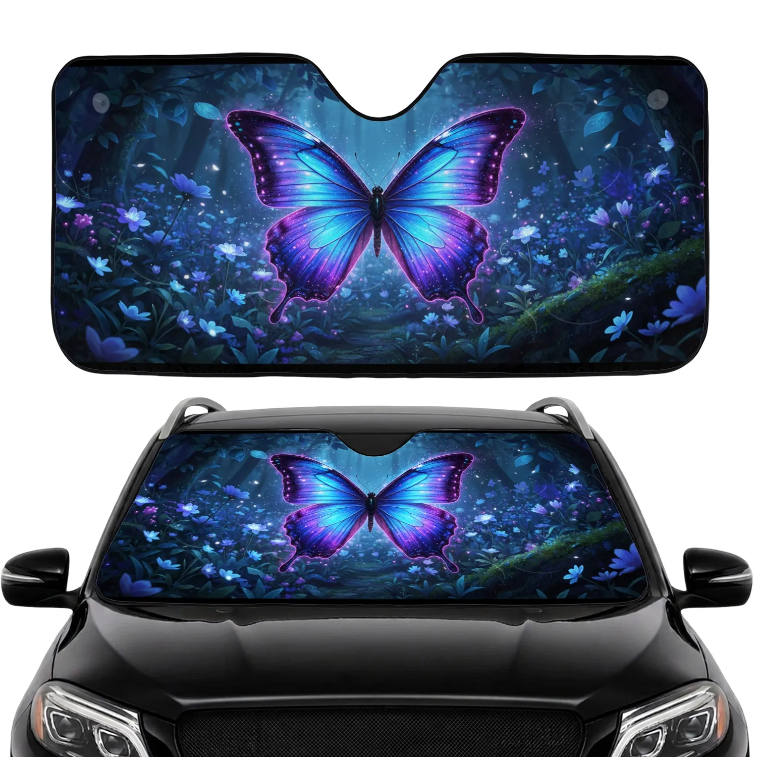 Bioluminescent Butterfly Sapphire Amethyst Wings Glowing Wildflowers - Moonlit Garden Gift Car Sunshade - 1