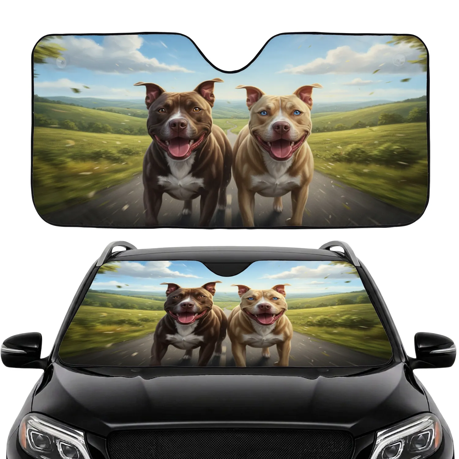 Friendly Pitbull Dogs Winding Road - Adventure Lover Gift Car Sunshade - 1