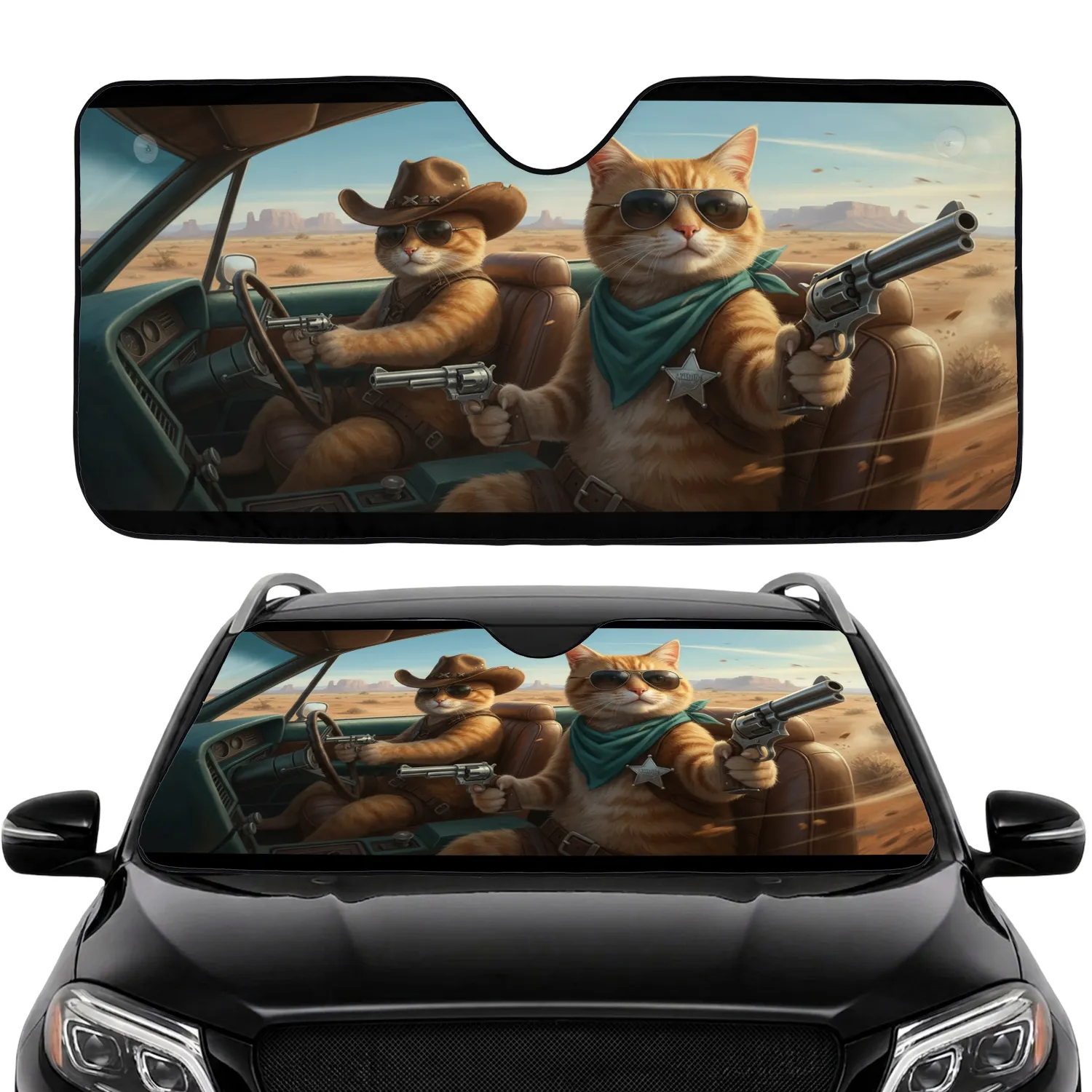 Cowboy Cats Driving Muscle Car Desert - Adventure Lover Road Trip Gift Car Sunshade - 1