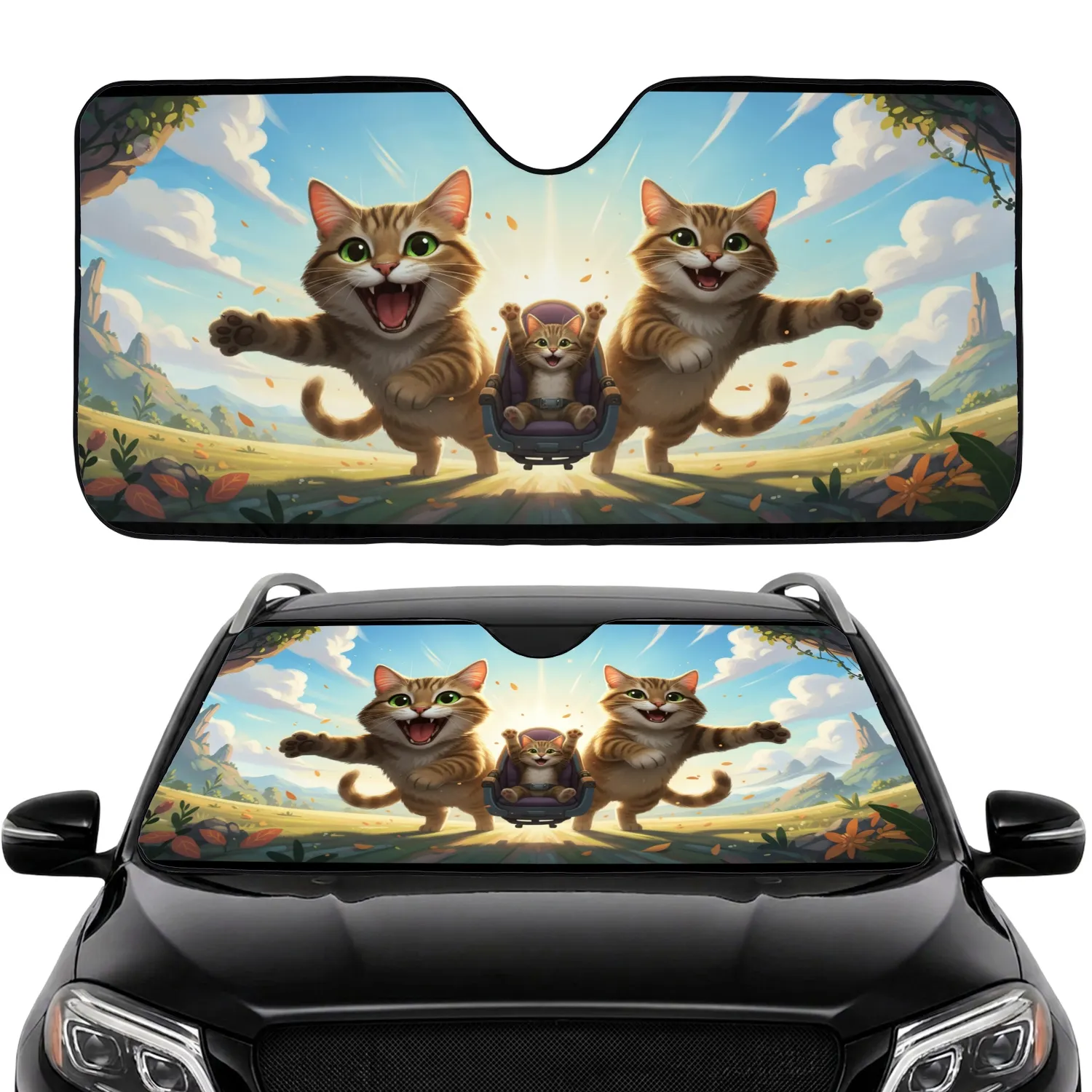 Tabby Cats Celebration Adventure - Cat Lover Travel Gift Car Sunshade - 1
