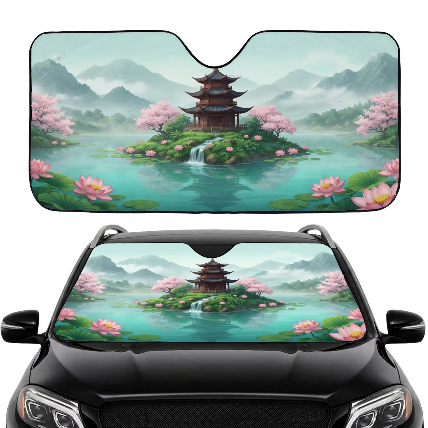 Asian Pagoda Island Waterfall Lotus Flowers Lily Pads Lake Mountains - Travel Essentials Gift Car Sunshade - 1