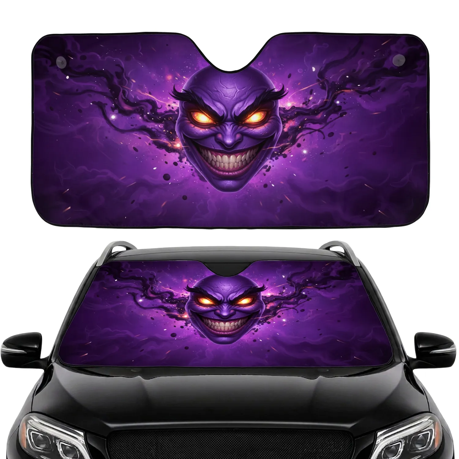 Mysterious Purple Face Grin Glowing Eyes - Dark Fantasy Decor Gift Car Sunshade - 1