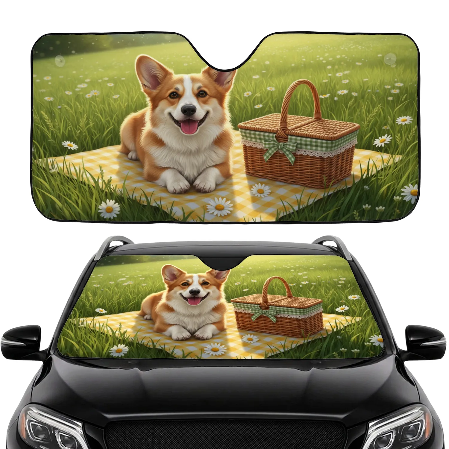 Pembroke Corgi Picnic Field Daisy Scene - Dog Lover Summer Travel Gift Car Sunshade - 1