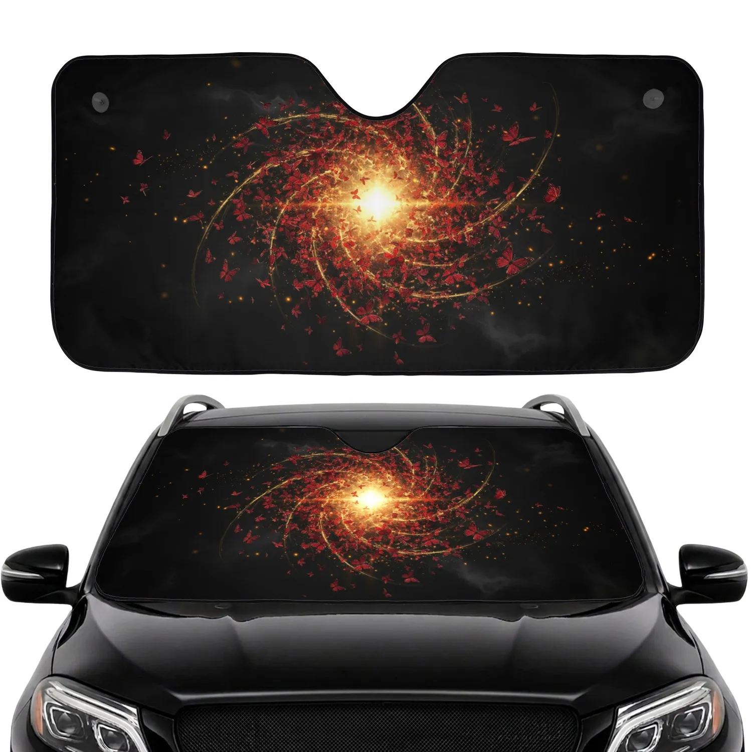 Explosive Golden Light Swirling Crimson Butterflies - Wildlife Lover Gift Car Sunshade - 1