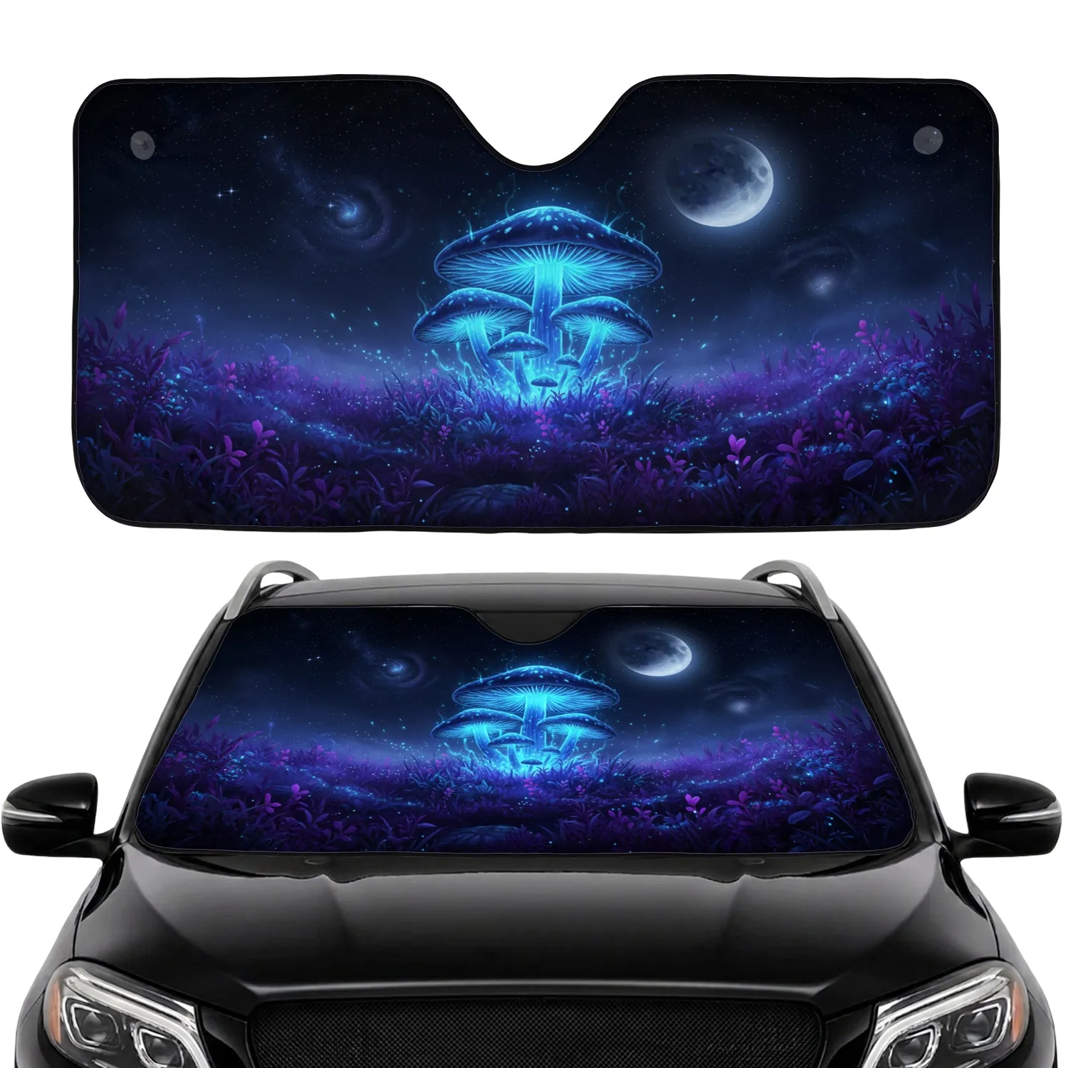 Bioluminescent Mushroom Forest Crescent Moon Starry Night - Fantasy Lover Gift Car Sunshade - 1