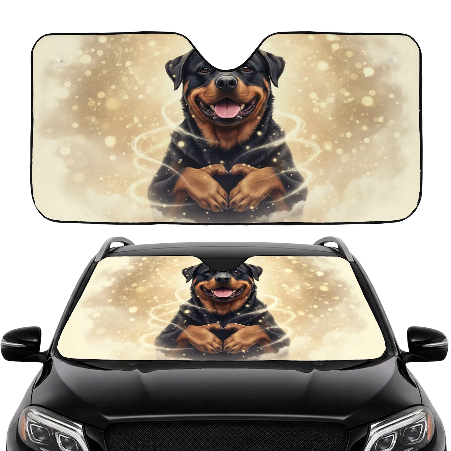 Majestic Smiling Rottweiler Heart Paws Golden Light Clouds - Dog Lover Gift Car Sunshade - 1