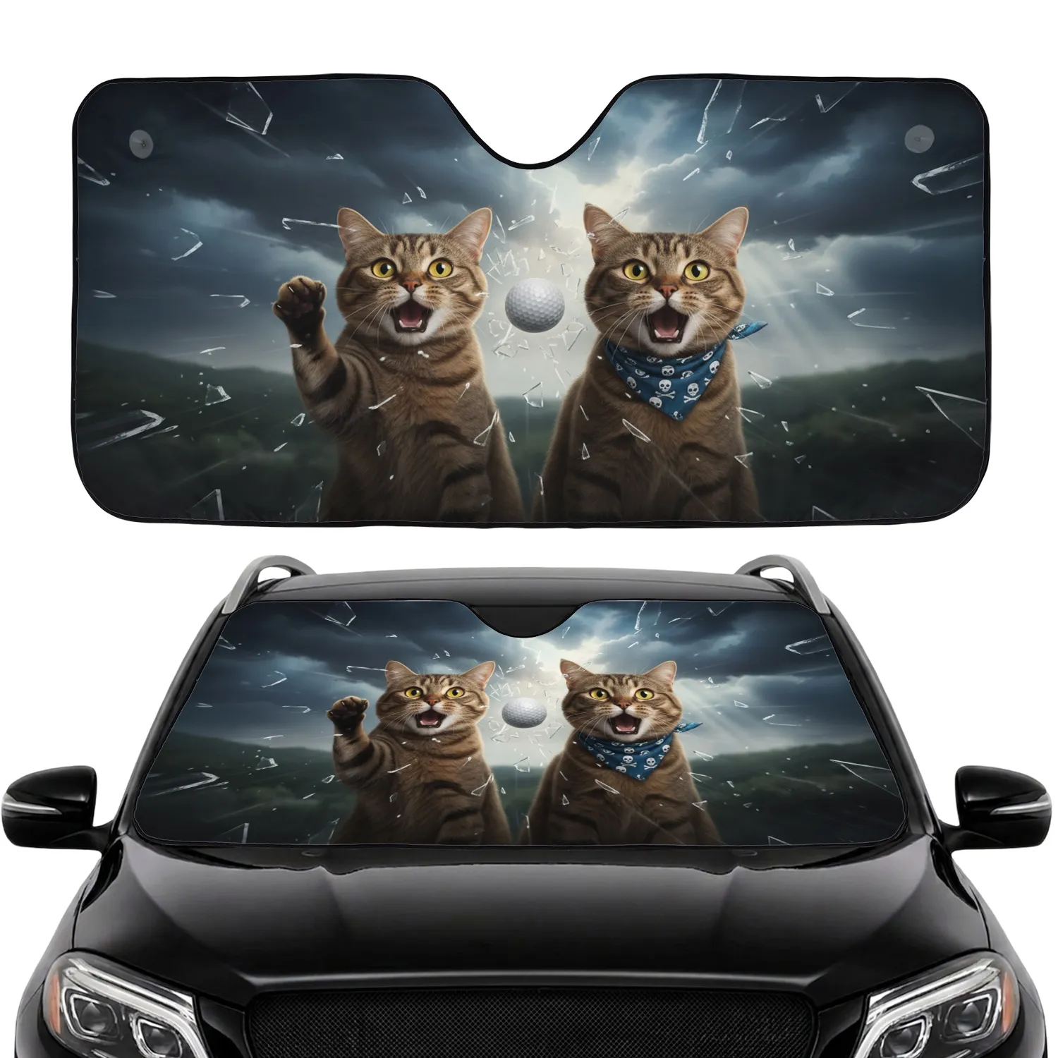 Shocked Tabby Cats Golf Ball Shattering Glass - Car Accessory Gift for Cat Lover Car Sunshade - 1