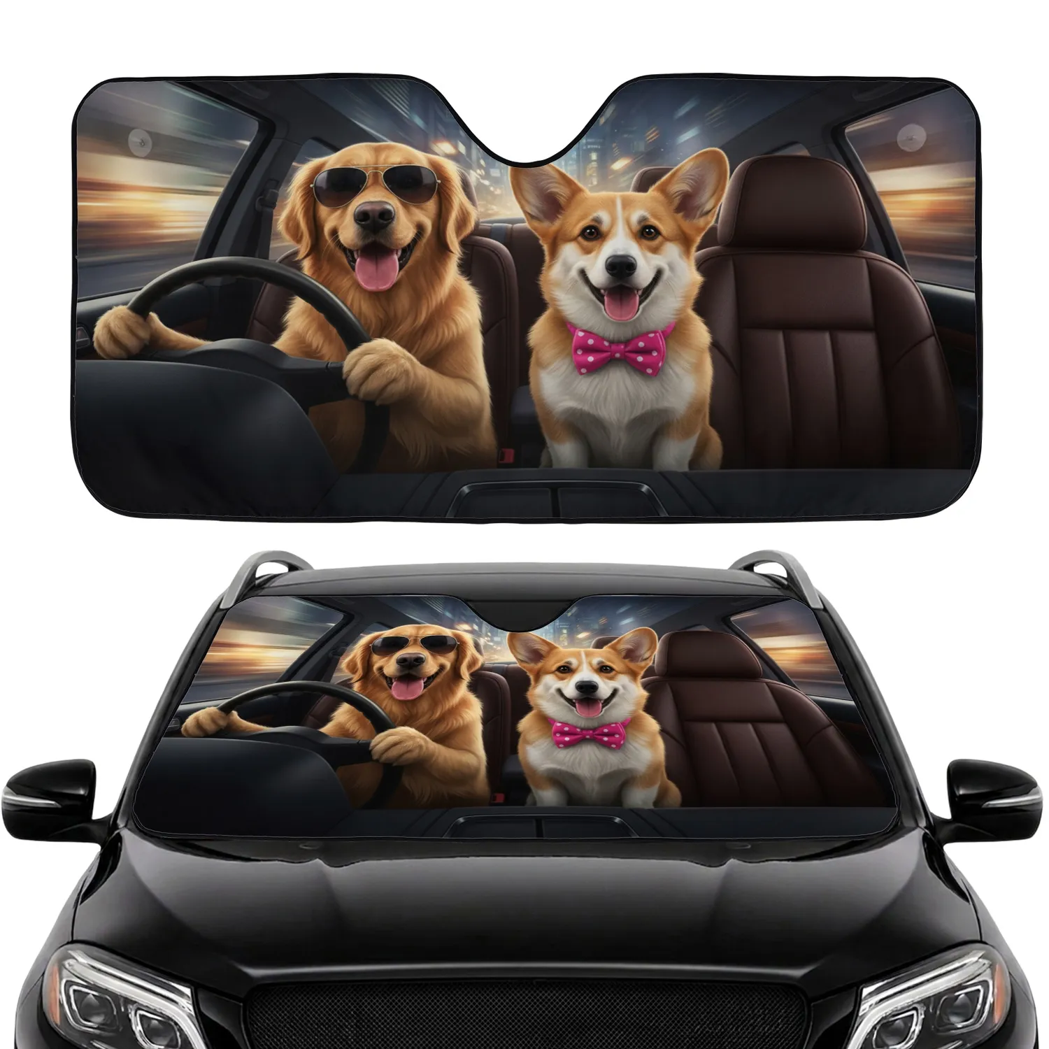 Golden Retriever Corgi Driving City Lights - Dog Lover Road Trip Gift Car Sunshade - 1