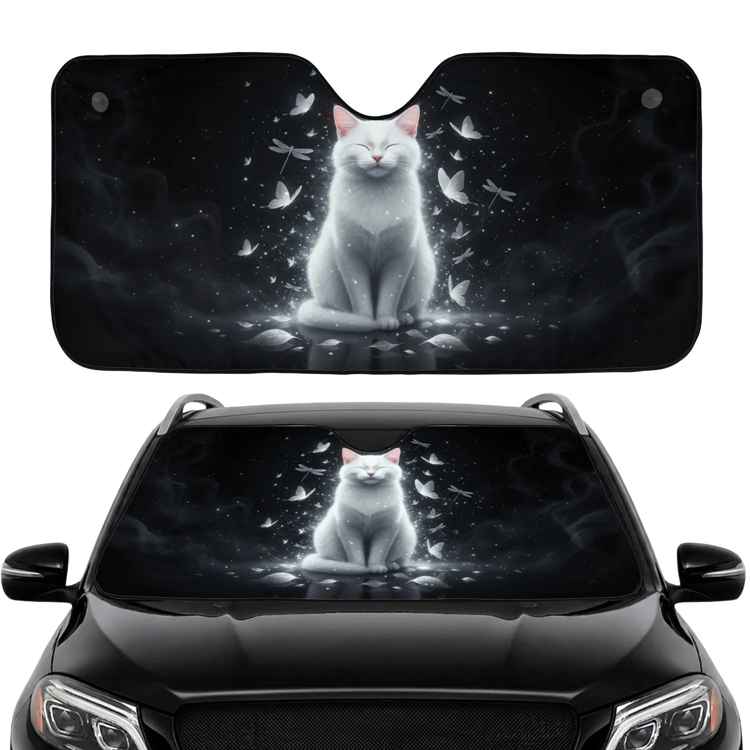 Serene Glowing White Cat Ethereal Butterflies & Dragonflies - Cat Lover Gift Car Sunshade - 1