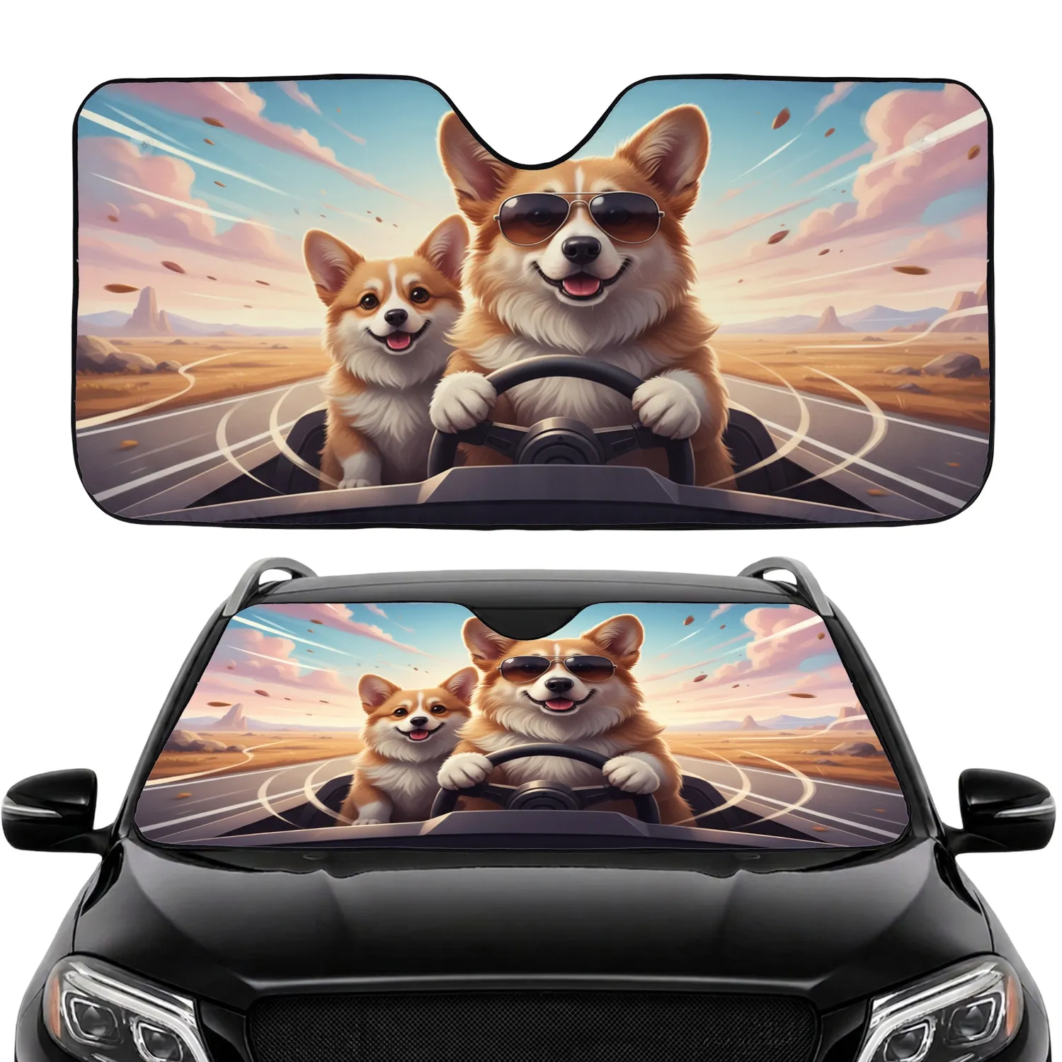 Corgi Dogs Sunglasses Driving - Adventure Road Trip Gift for Dog Lover Car Sunshade - 1