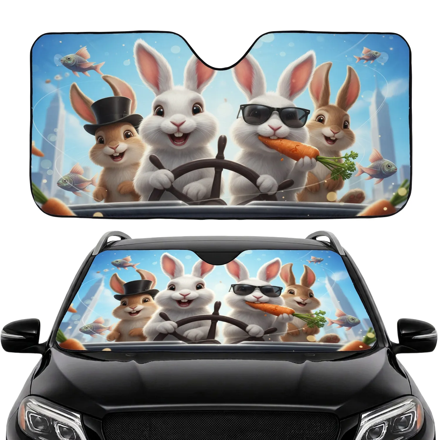 Rabbits Steering Carrots Flying Fish City Skyline - Animal Lover Road Trip Essentials Car Sunshade - 1