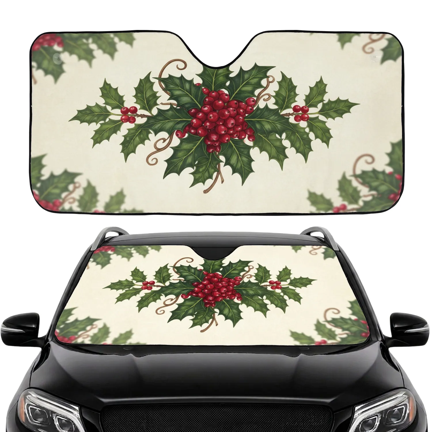 Red Holly Berries Deep Green Spiky Leaves Brown Stems - Christmas Holiday Decor Gift Car Sunshade - 1