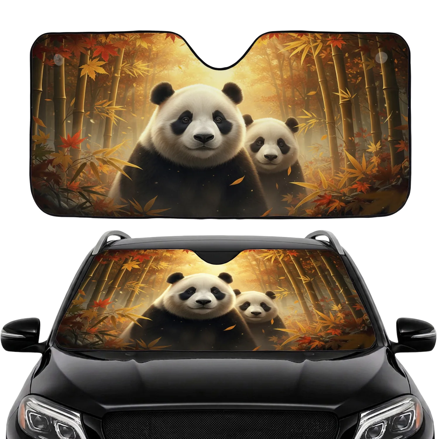 Two Pandas Golden Bamboo Autumn Leaves Forest Canopy - Wildlife Lover Gift Car Sunshade - 1