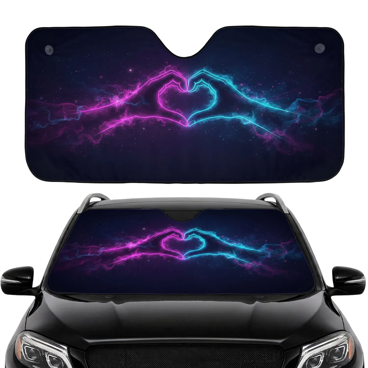 Neon Heart Hands Cosmic Glow - Love Relationship Gift for Couples Car Sunshade - 1