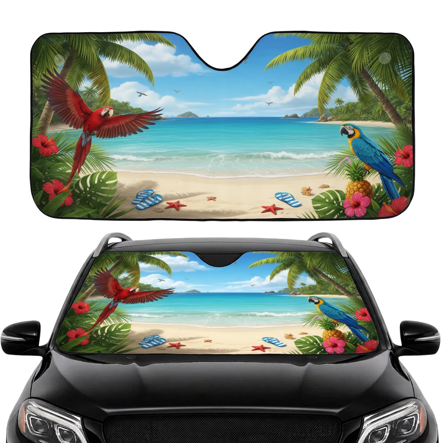 Tropical Beach Red Parrot Macaw Ocean Sand - Wildlife Lover Gift Car Sunshade - 1