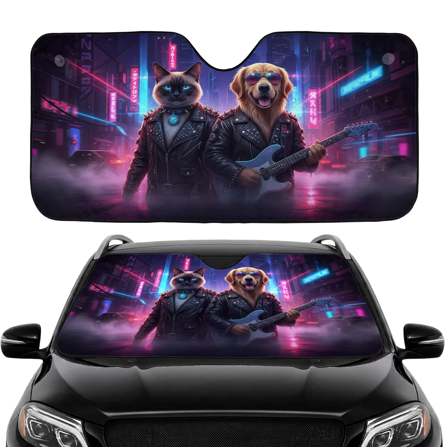 Siamese Cat Golden Retriever Biker Cyberpunk - Urban Pet Lover Gift Car Sunshade - 1