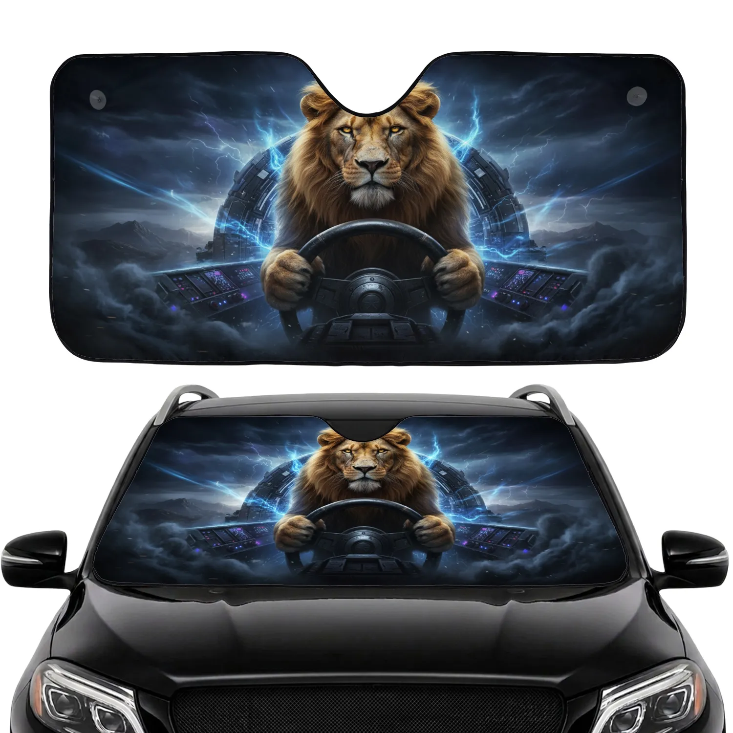 Regal Lion Steering Wheel Night Sky - Driving Passion Gift for Car Enthusiasts Car Sunshade - 1