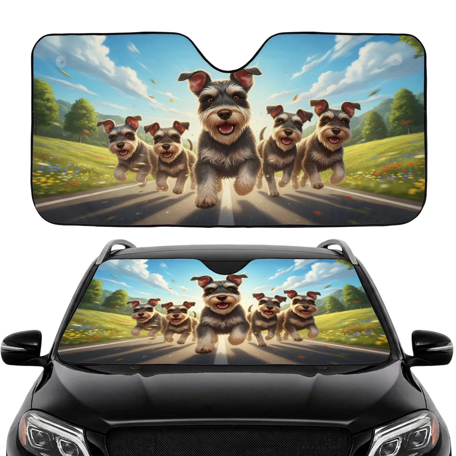 Miniature Schnauzer Dogs Open Road Journey - Dog Lover Car Travel Gift Car Sunshade - 1