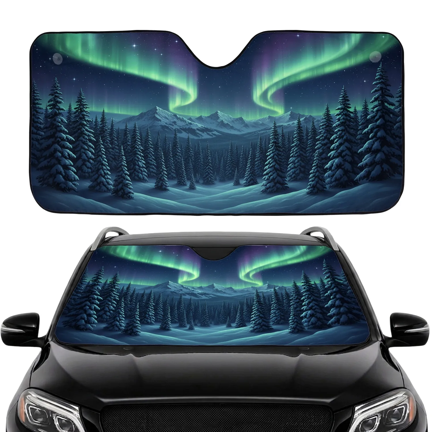 Aurora Borealis Winter Forest Mountain Stars - Nature Lover Gift for Outdoor Enthusiast Car Sunshade - 1