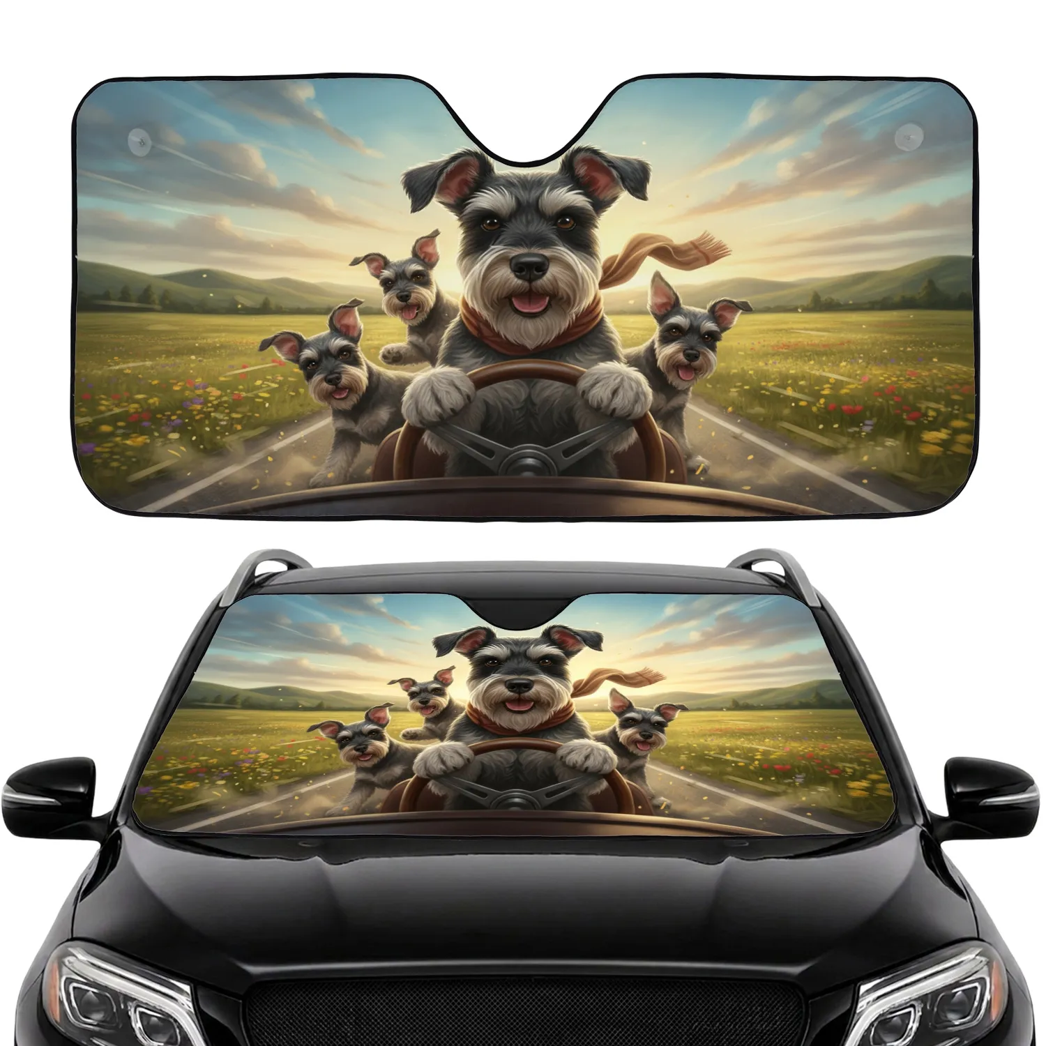 Schnauzer Dog Pack Driving Scenic Road Trip - Dog Lover Lifestyle Gift Car Sunshade - 1