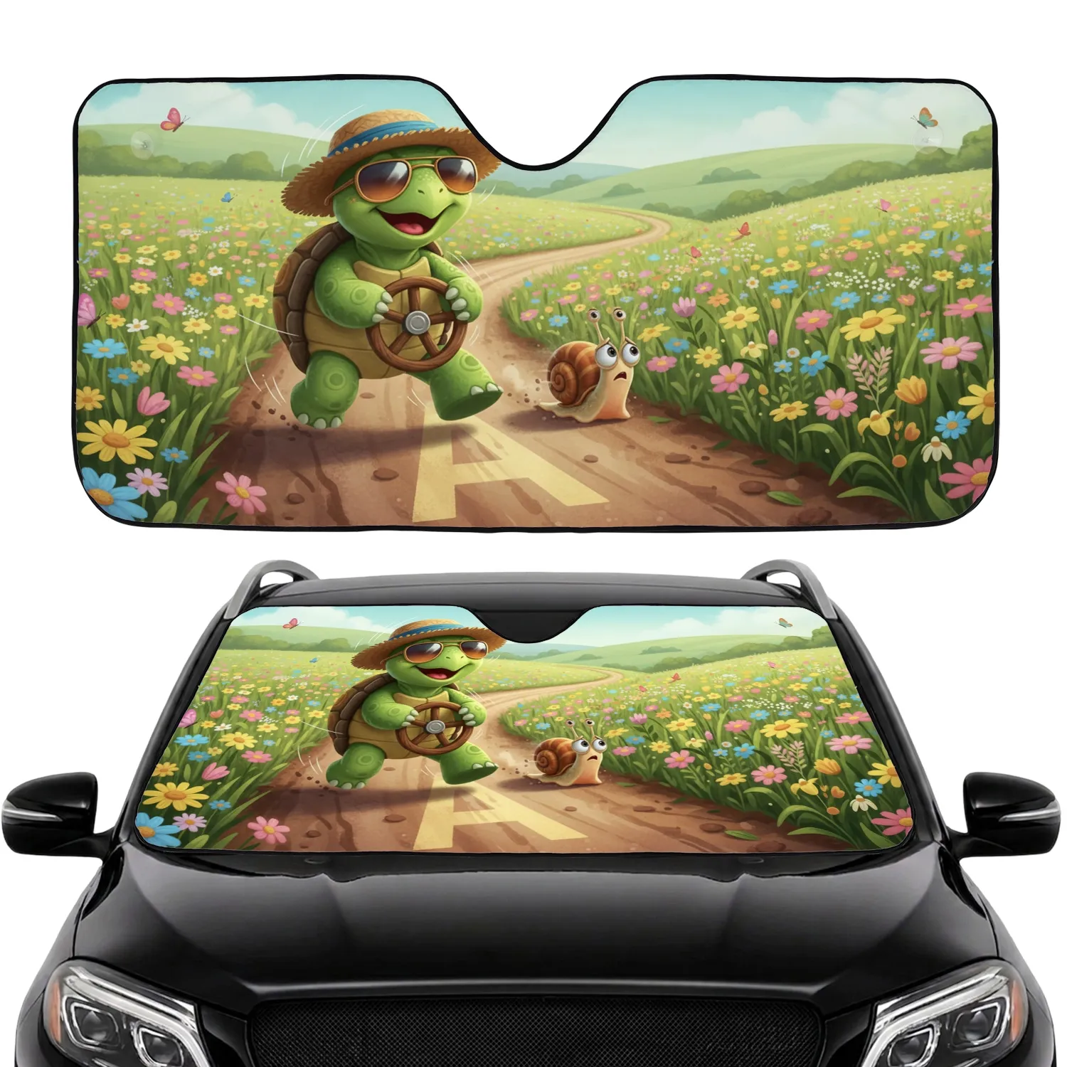 Happy Green Turtle Snail Wildflowers Country Road - Auto Decor Gift Car Sunshade - 1