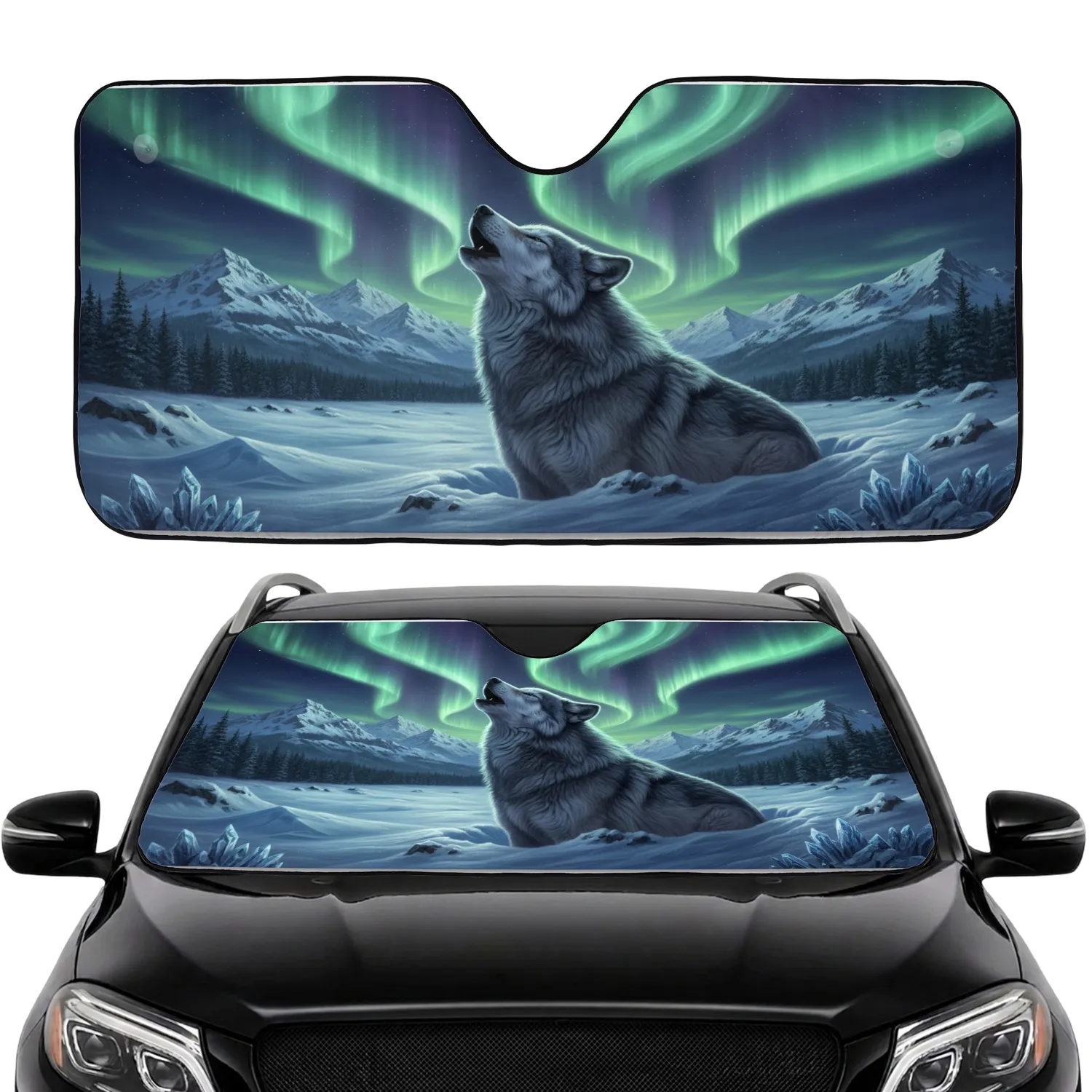 Majestic Howling Grey Wolf Arctic Mountain Aurora Borealis Night Sky - Wildlife Gift Car Sunshade - 1