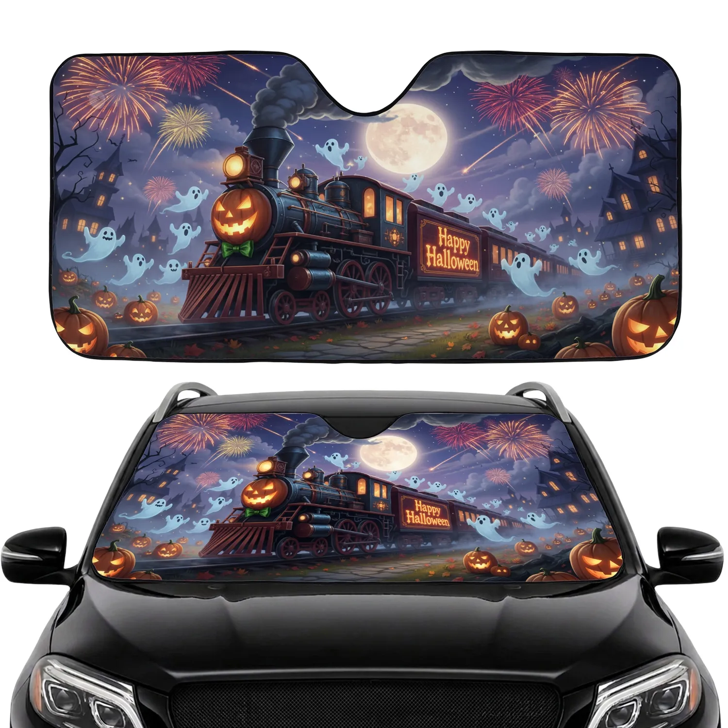 Festive Halloween Steam Train Jack-o'-Lantern Ghosts - Mystic Night Holiday Decor Car Sunshade - 1