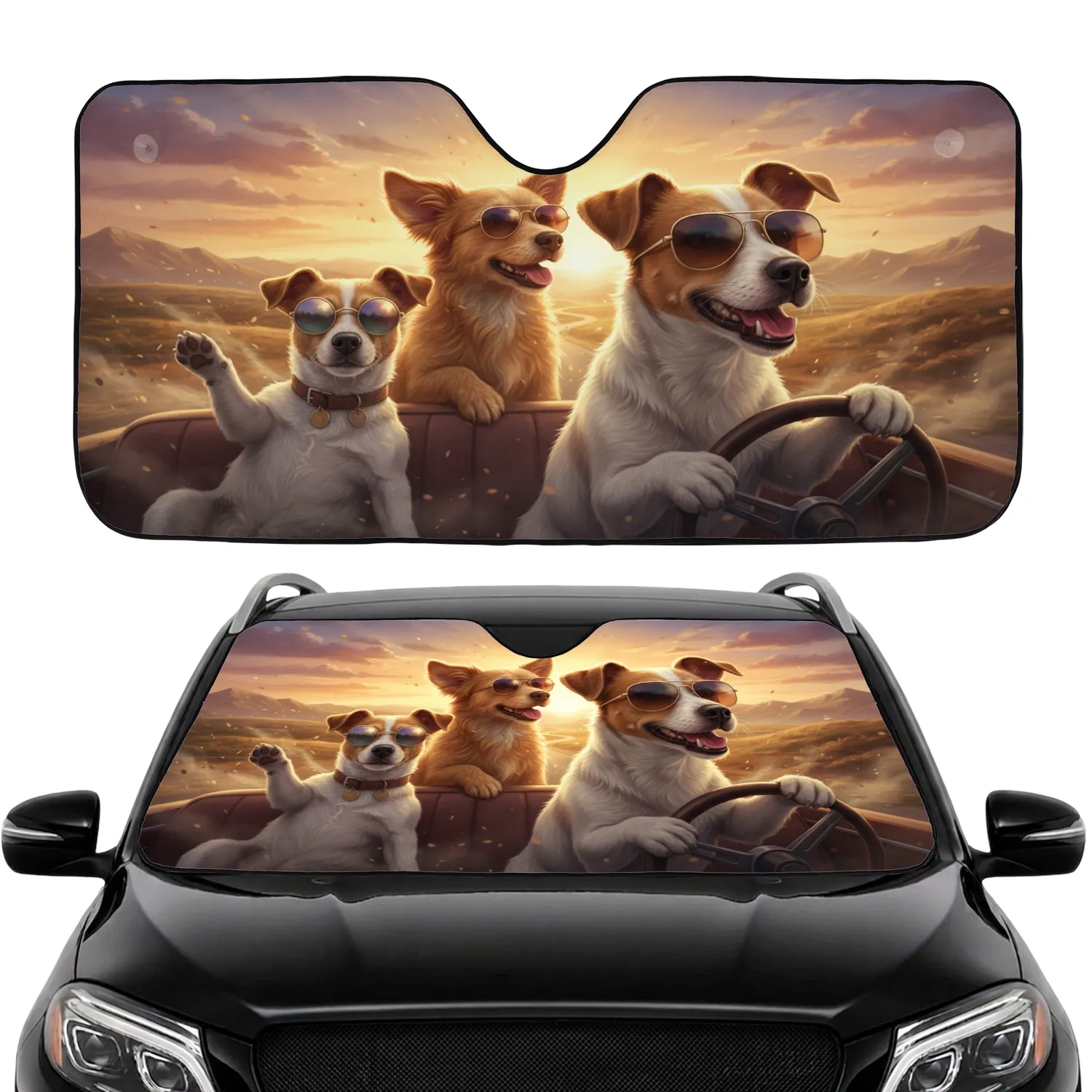Jack Russell Terriers Driving Road Trip Sunset - Dog Lover Adventure Travel Gift Car Sunshade - 1