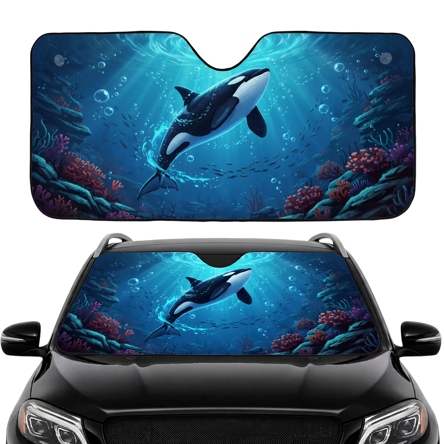 Majestic Orca Whale Luminous Vortex Deep Sea Coral - Ocean Lover Gift Car Sunshade - 1