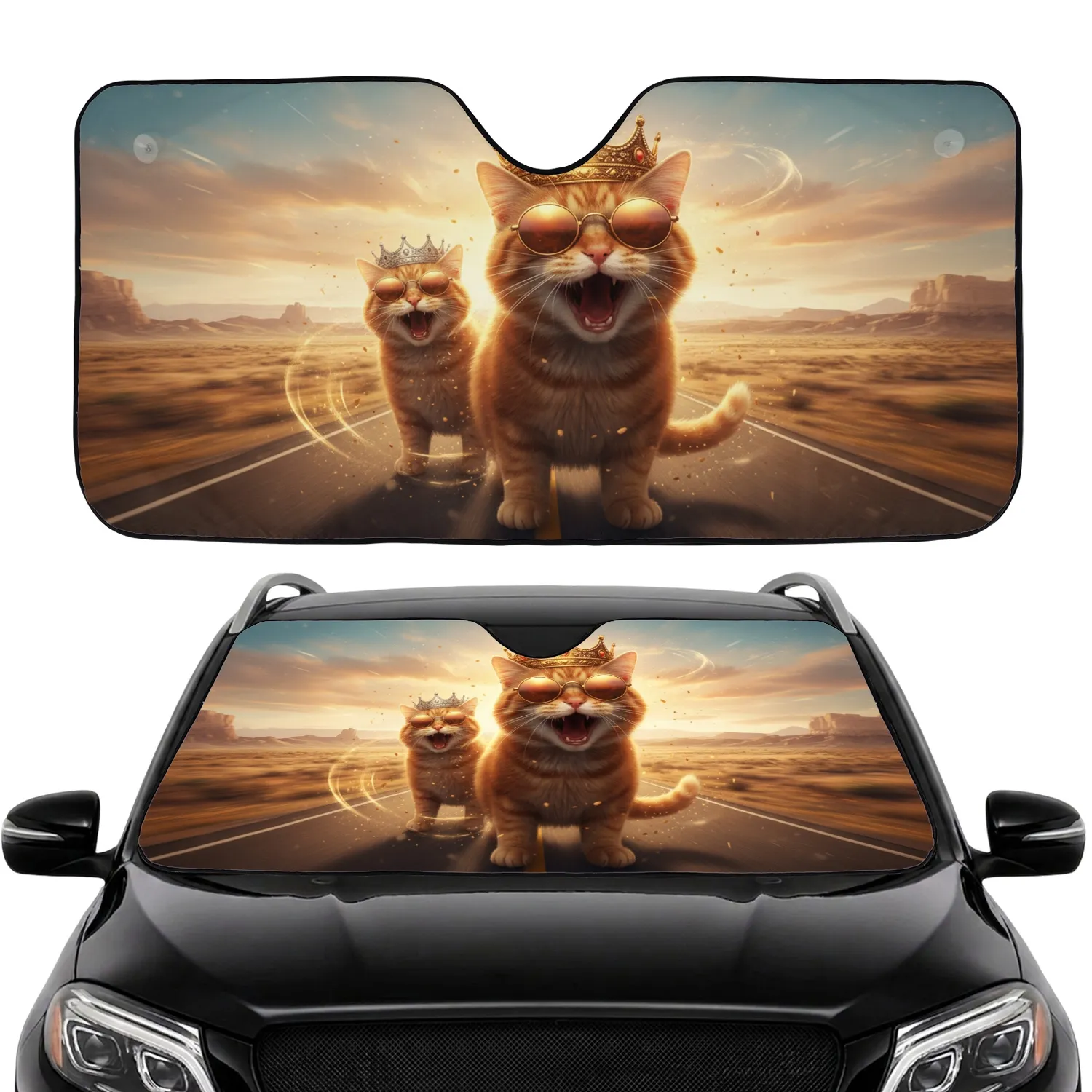 Majestic Orange Tabby Cats Sunglasses Crowns Road Trip - Golden Hour Adventure Car Sunshade - 1