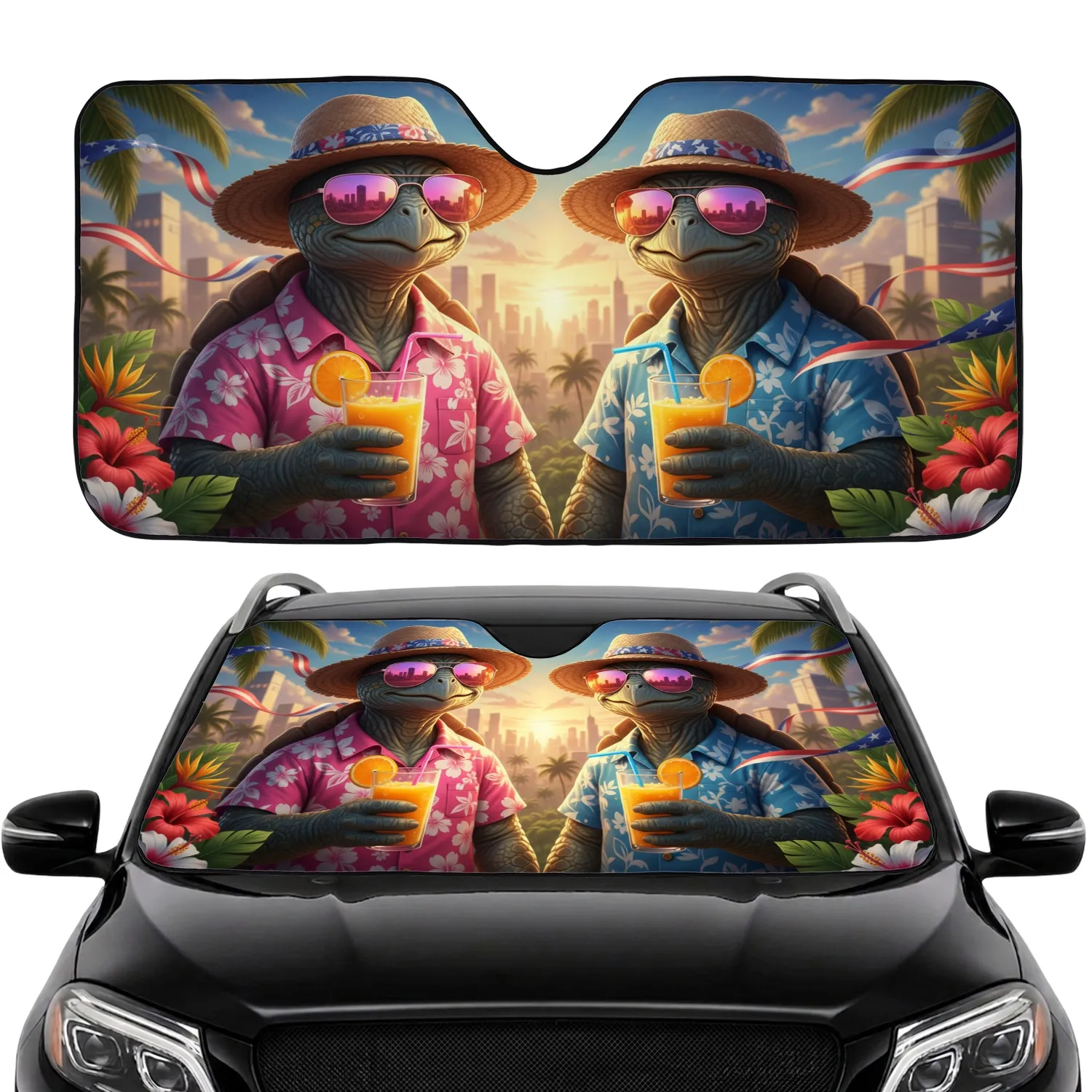 Turtles Hawaiian Shirt American Flag Ribbons Tropical City - Independence Day Car Sunshade - 1