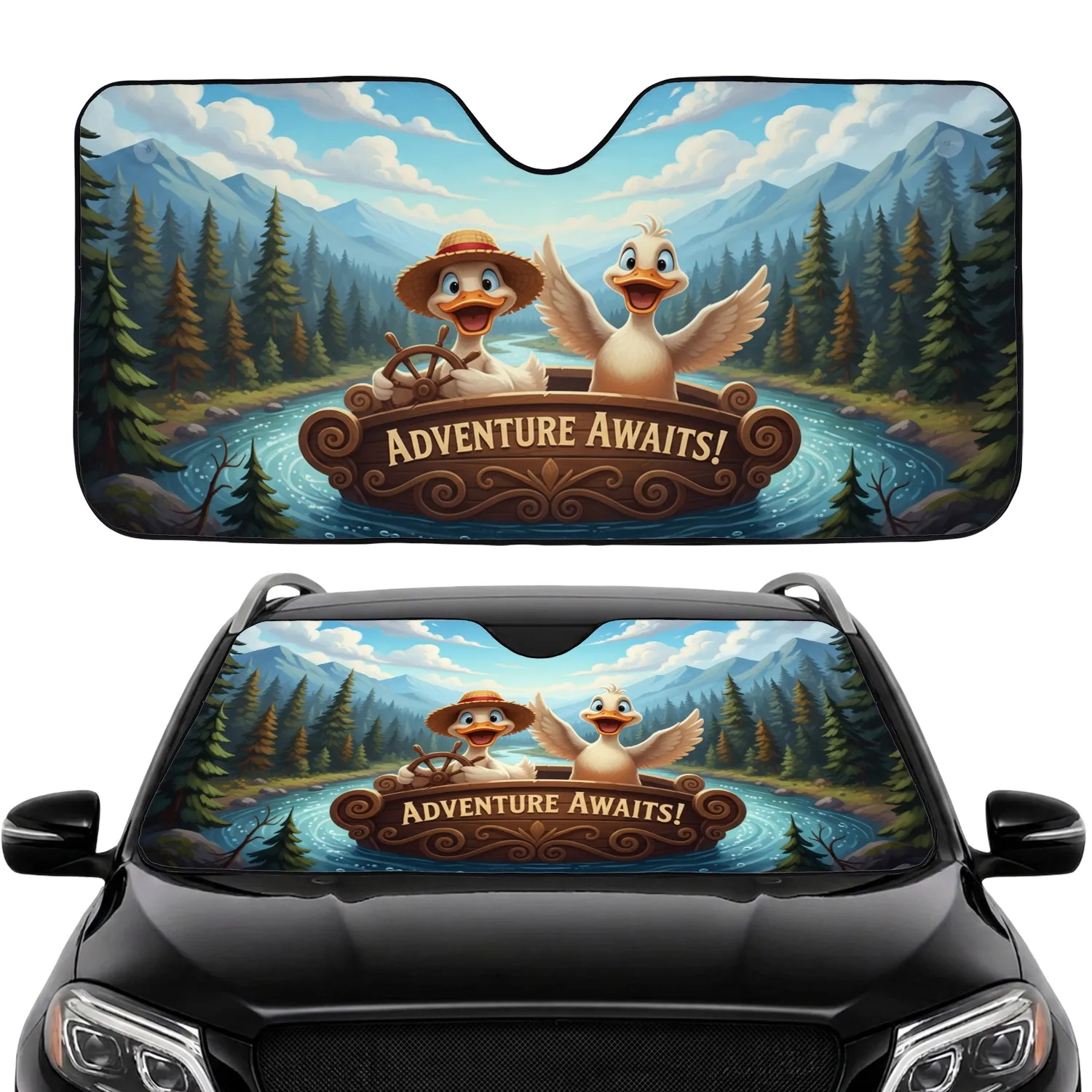 Cheerful Anthropomorphic Ducks River Forest Mountains - Adventure Travel Gift for Nature Lovers Car Sunshade - 1