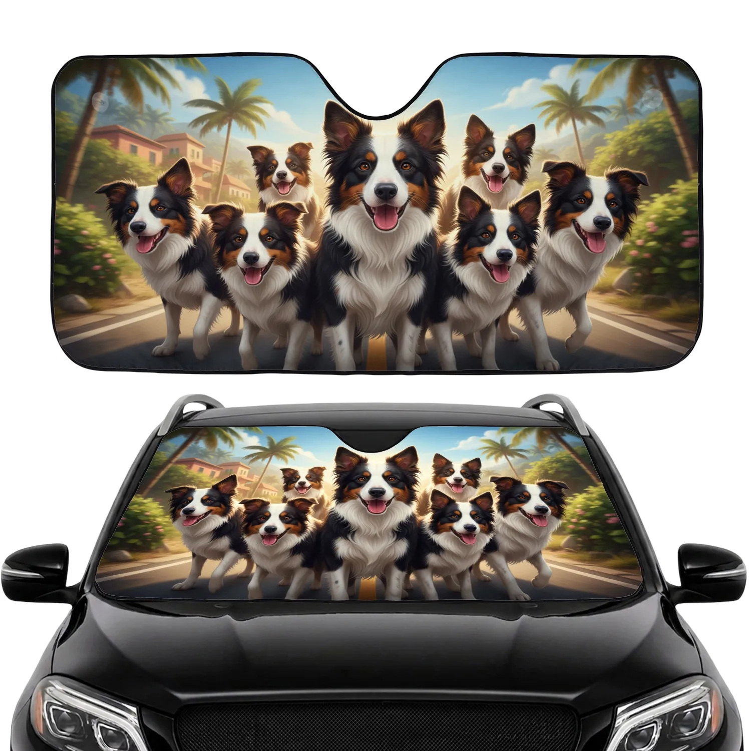 Border Collies Scenic Road Trip Tropical Vista - Dog Lover Travel Adventure Gift Car Sunshade - 1