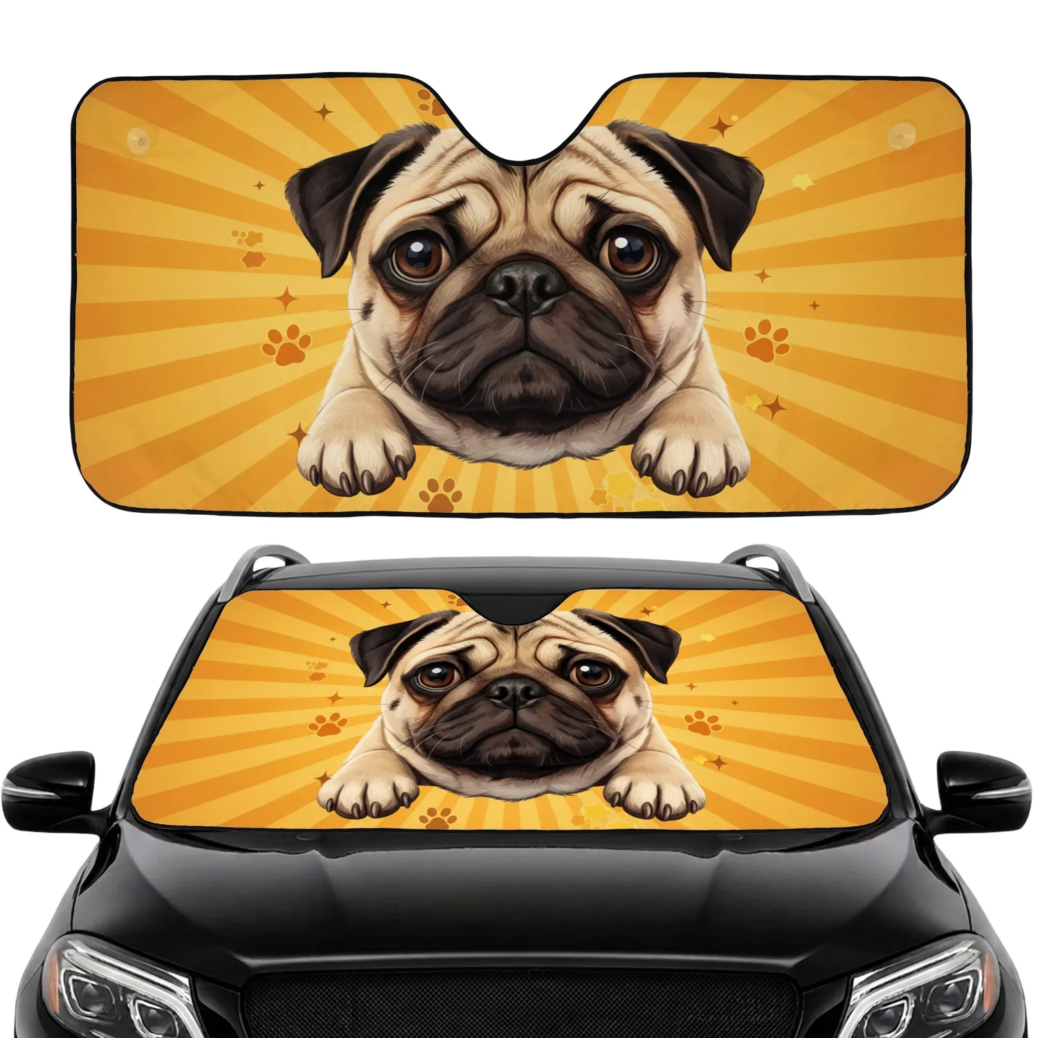 Expressive Pug Face Paws Golden Orange Sunburst Paw Prints Stars - Dog Lover Gift Car Sunshade - 1