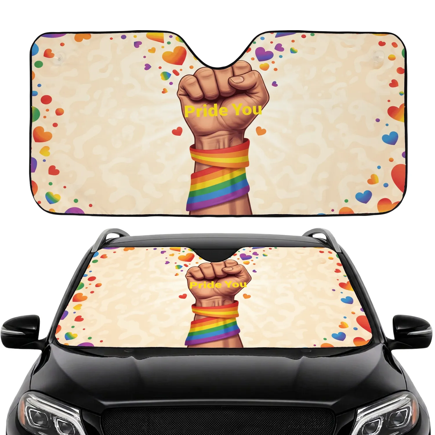 Rainbow Pride Fist with Pride You Text - LGBTQ+ Supporter Lifestyle Gift Car Sunshade - 1