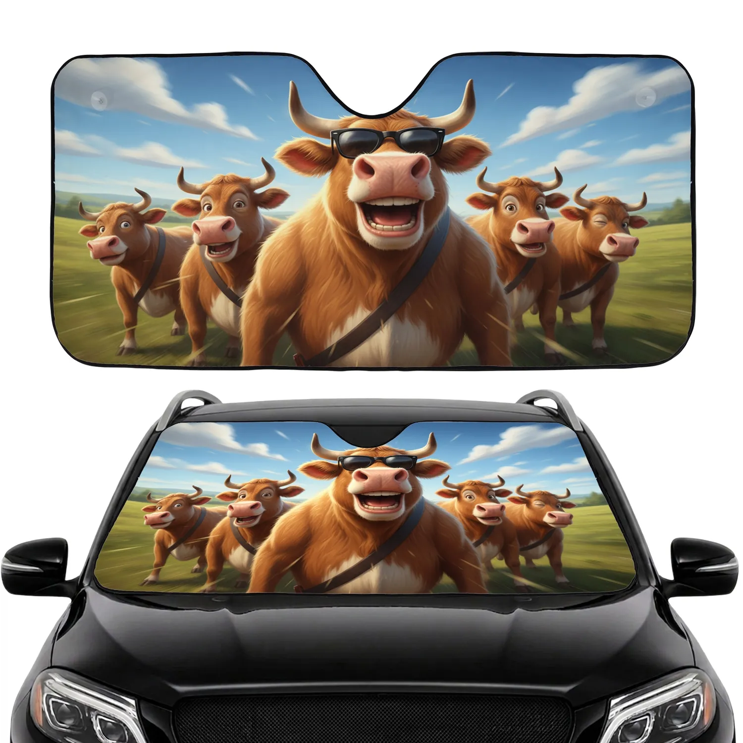 Grinning Cow Sunglasses Seatbelt - Road Trip Fun Cow Lover Gift Car Sunshade - 1