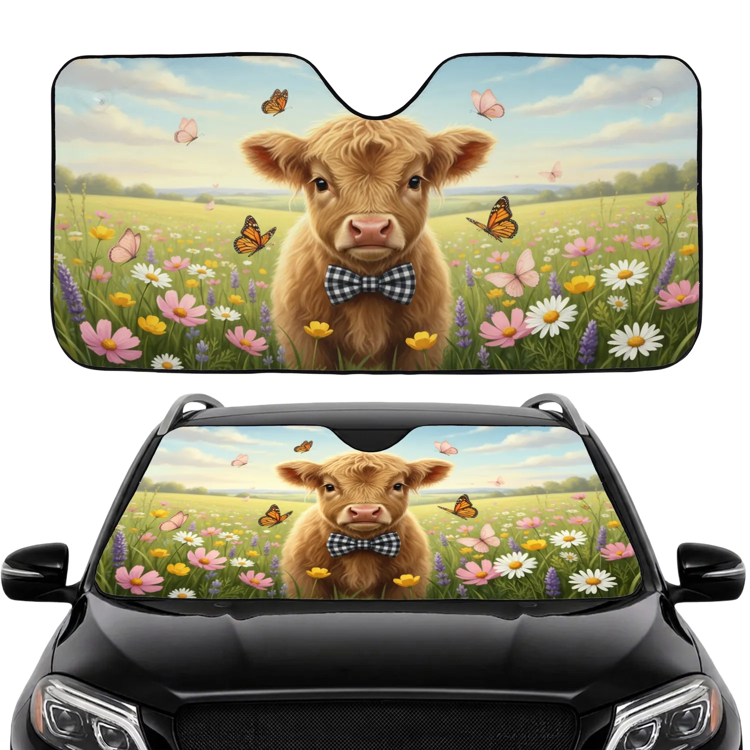 Highland Calf Wildflower Meadow Butterflies - Farmhouse Decor Gift for Cow Lovers Car Sunshade - 1
