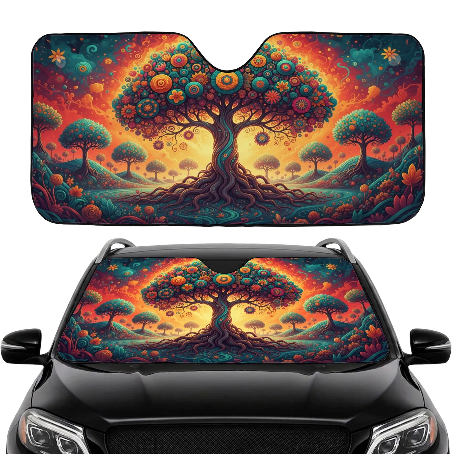 Tree of Life Roots Floral Circular Canopy Forest Landscape Sky - Car Decor Gift Car Sunshade - 1