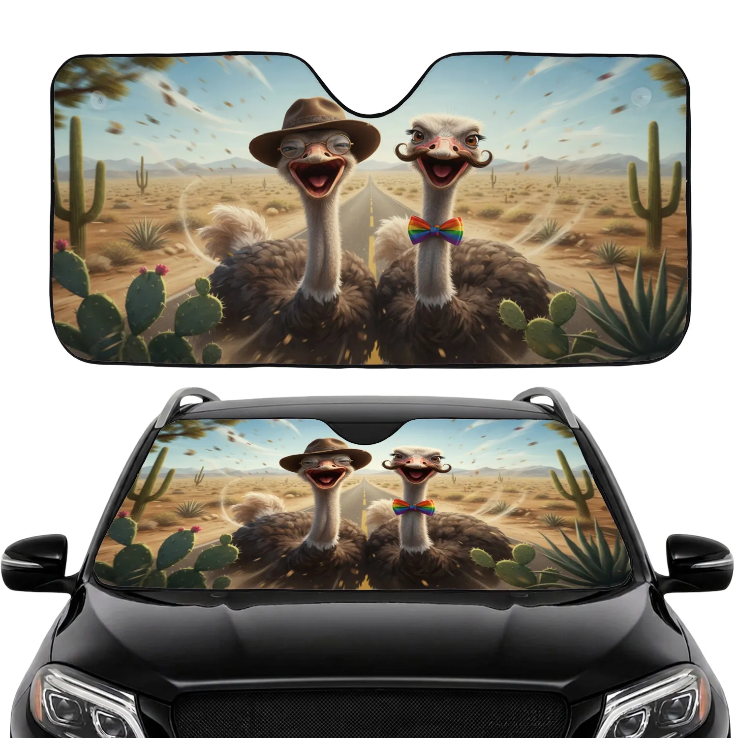 Ostriches with Fedora Spectacles Bow Tie Desert Road Trip - Travel Adventure Gift Car Sunshade - 1