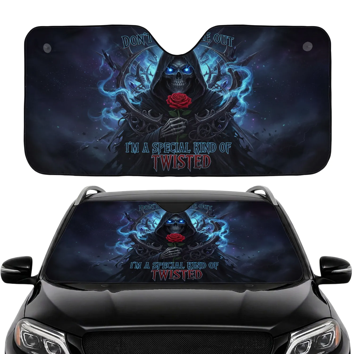 Grim Reaper Skull Glowing Eyes Crimson Rose Gothic Twisted - Dark Fantasy Lifestyle Gift Car Sunshade - 1