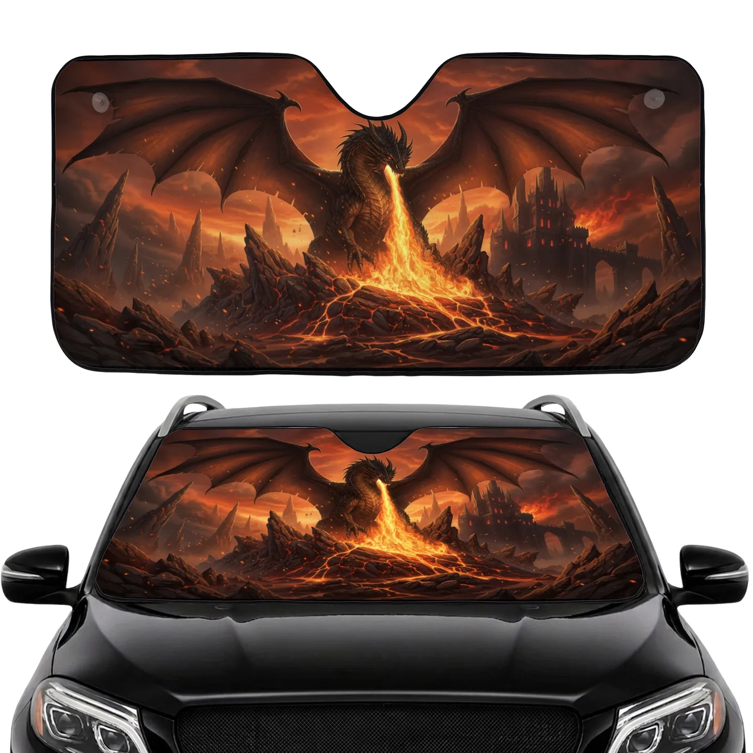 Dragon with Leathery Wings Fire Breathing Volcano Rock Castle Scene - Adventure Lover Gift Car Sunshade - 1